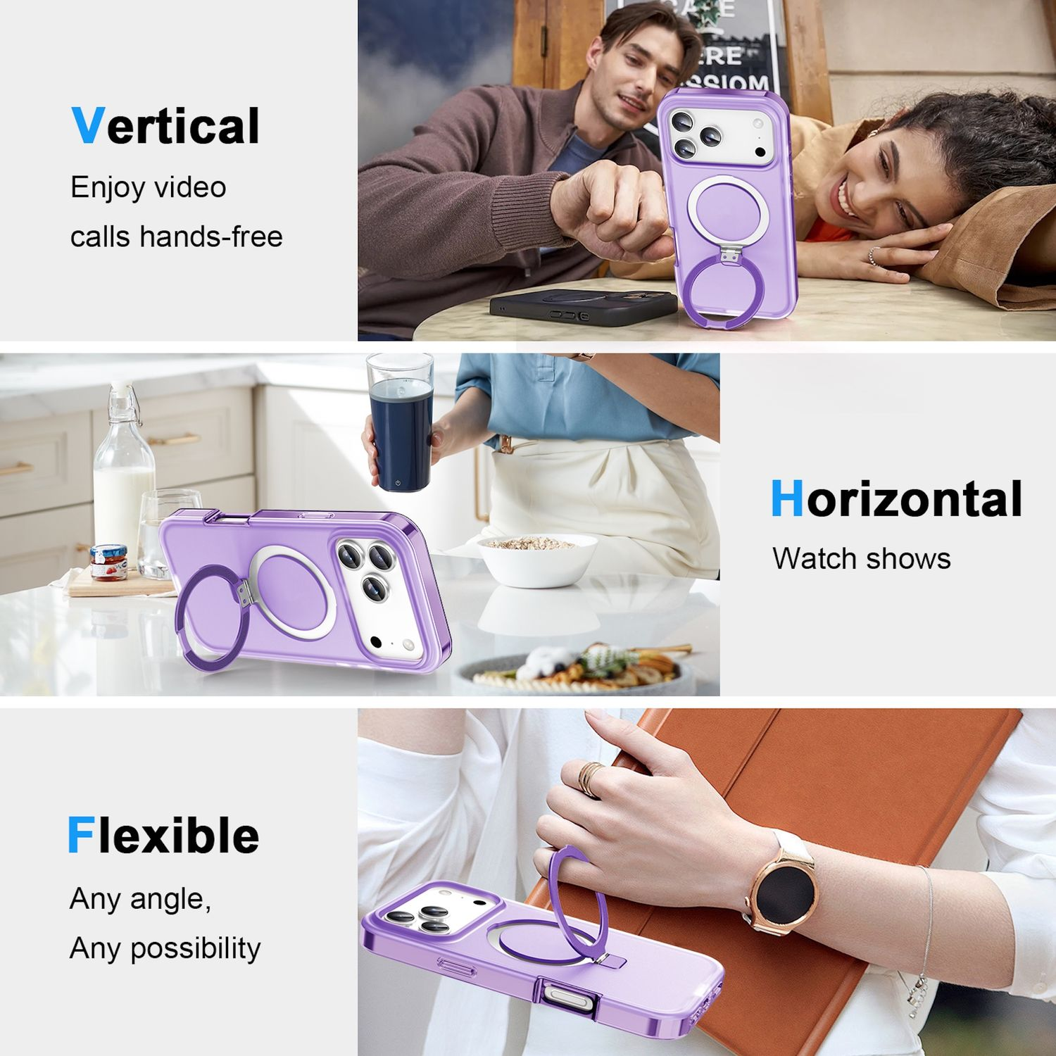 Das Bild zeigt eine lilafarbene Handyhülle mit einem Ringhalter. Personen nutzen die Handyhülle in verschiedenen Szenarien: vertikal, horizontal, flexibel.