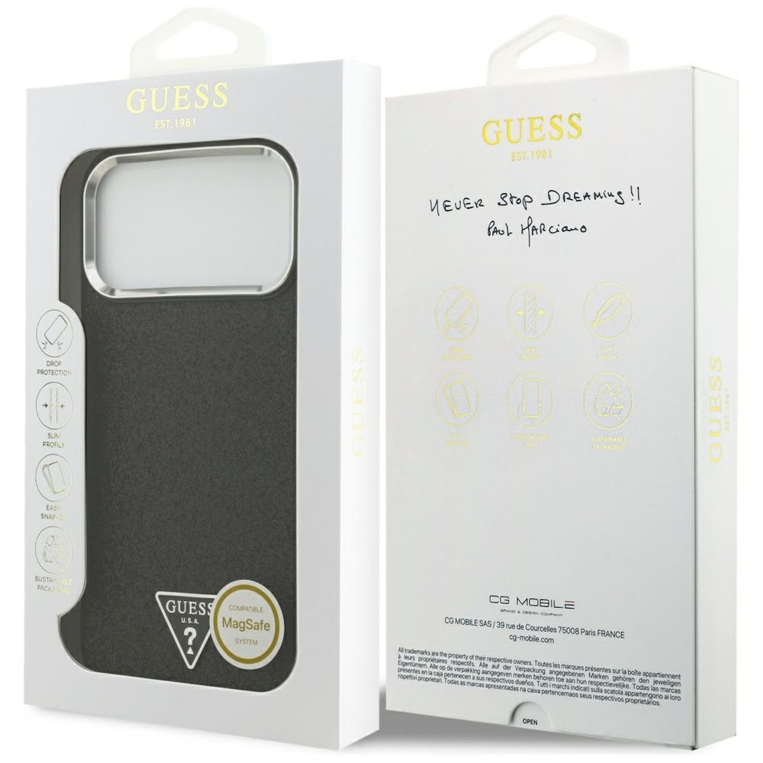 Eine Guess-Handyhüllenbox. Sie hat Text und Logos, darunter 'Guess' und 'MagSafe'. Die Rückseite hat eine handschriftliche Notiz.