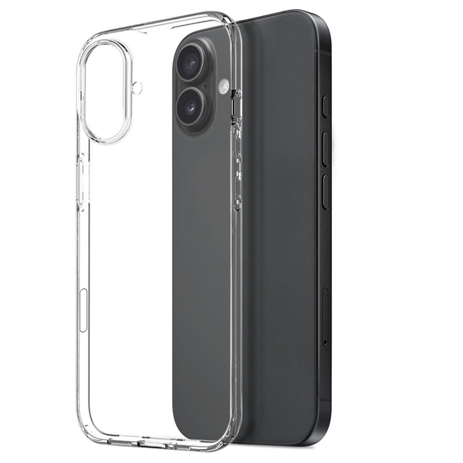 Eine transparente Handyhülle neben einem schwarzen Smartphone. Die Hülle ist offen und zeigt die Kamera des Telefons. Der Hintergrund ist weiß.