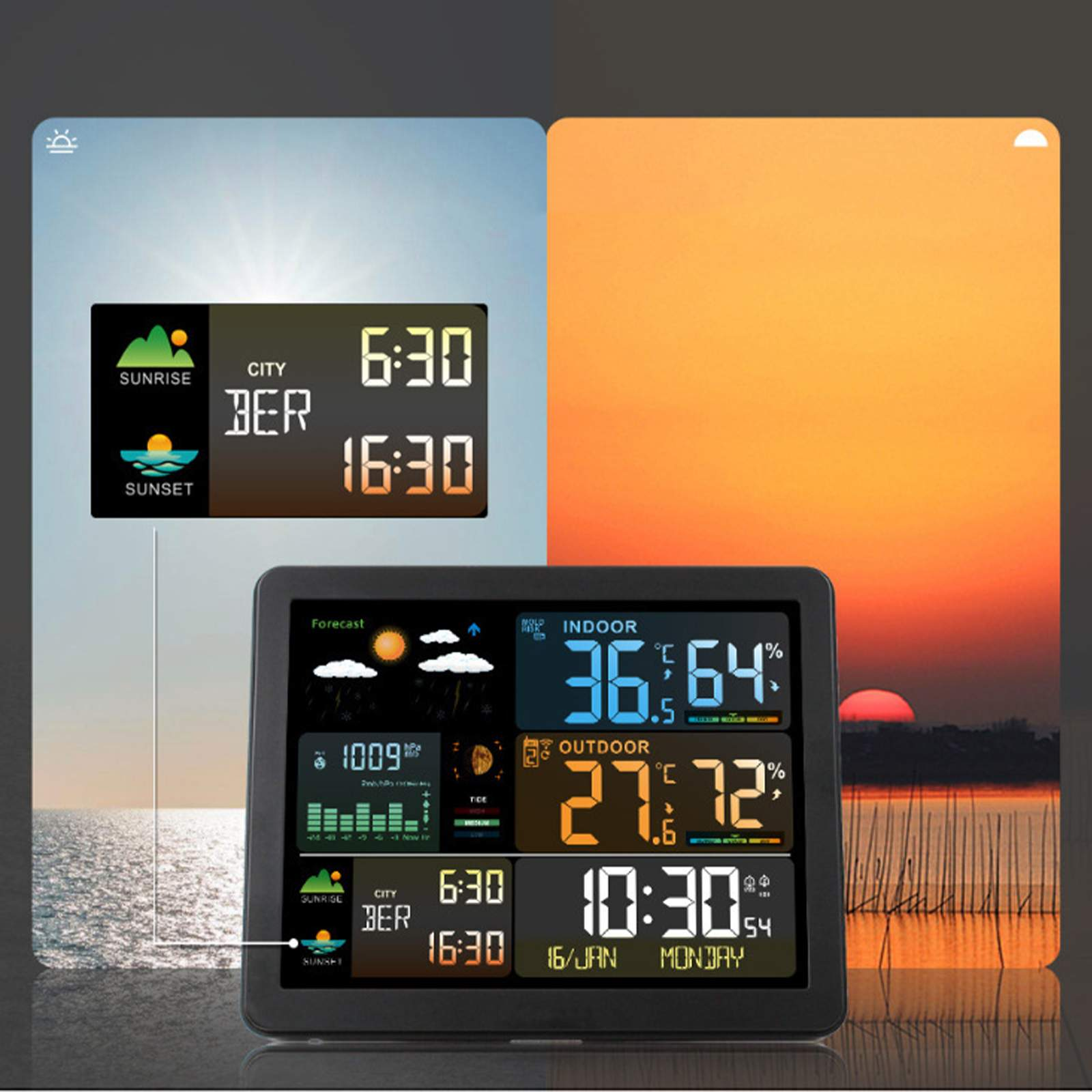 Eine Wetterstation zeigt Zeit, Temperatur und Luftfeuchtigkeit an. Der Hintergrund zeigt Sonnenaufgang und Sonnenuntergang.