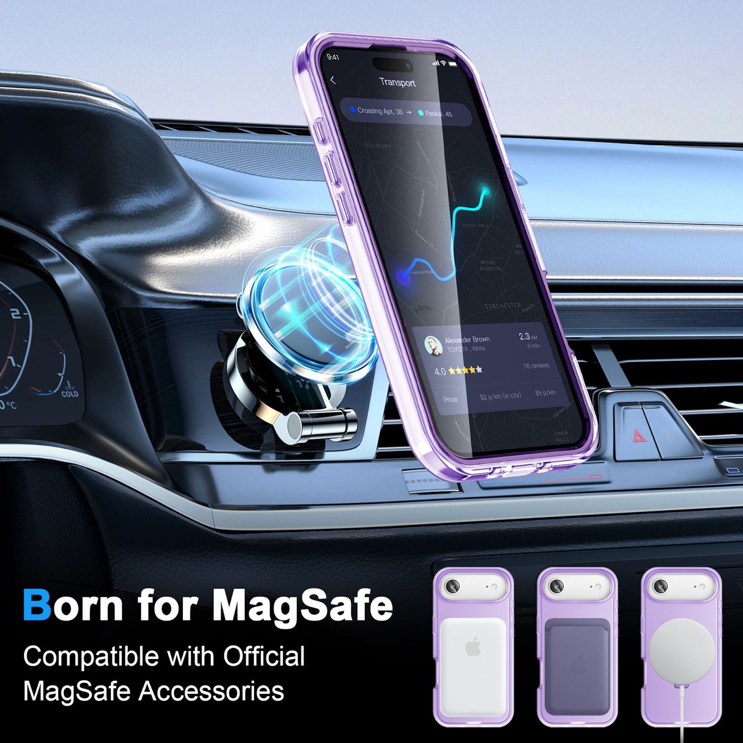 Ein Telefon mit lila Hülle, das eine Karte anzeigt, ist in einem Auto montiert. Zubehör wird unten angezeigt.