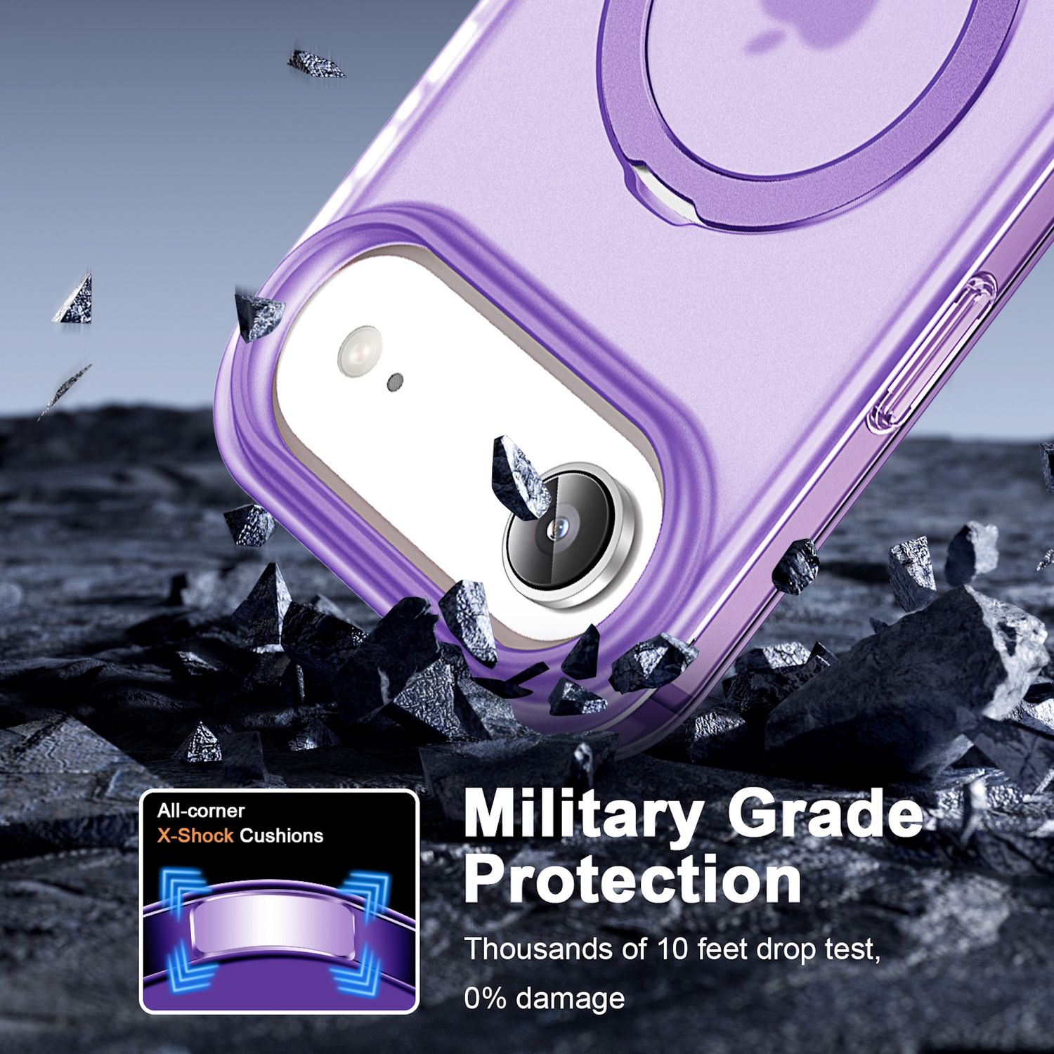 Eine lila Handyhülle ist schräg abgebildet, mit einem schwarzen Hintergrund. Sie sagt Military Grade Protection und zeigt ein Telefon.