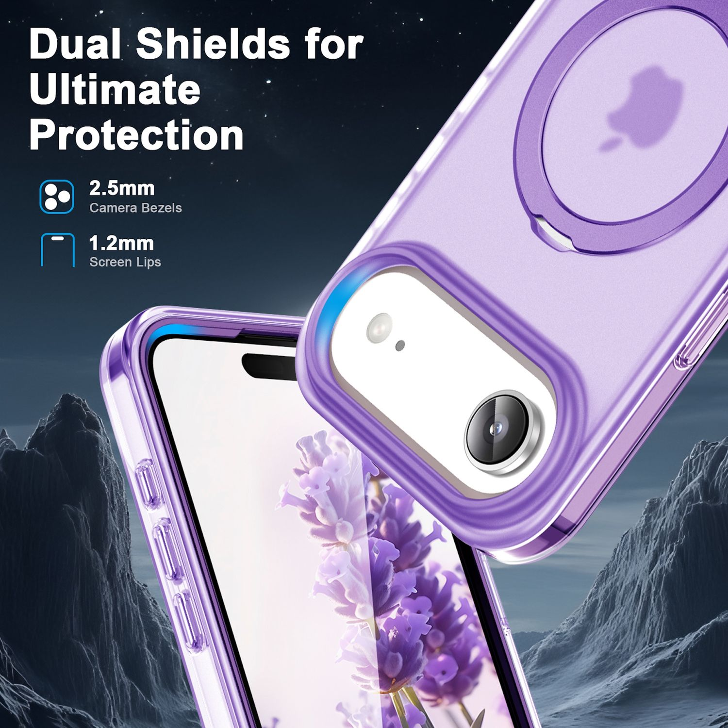 Eine transparente, lilafarbene Handyhülle mit einem iPhone darin. Die Hülle hat einen Ring für MagSafe. Der Hintergrund zeigt Berge.