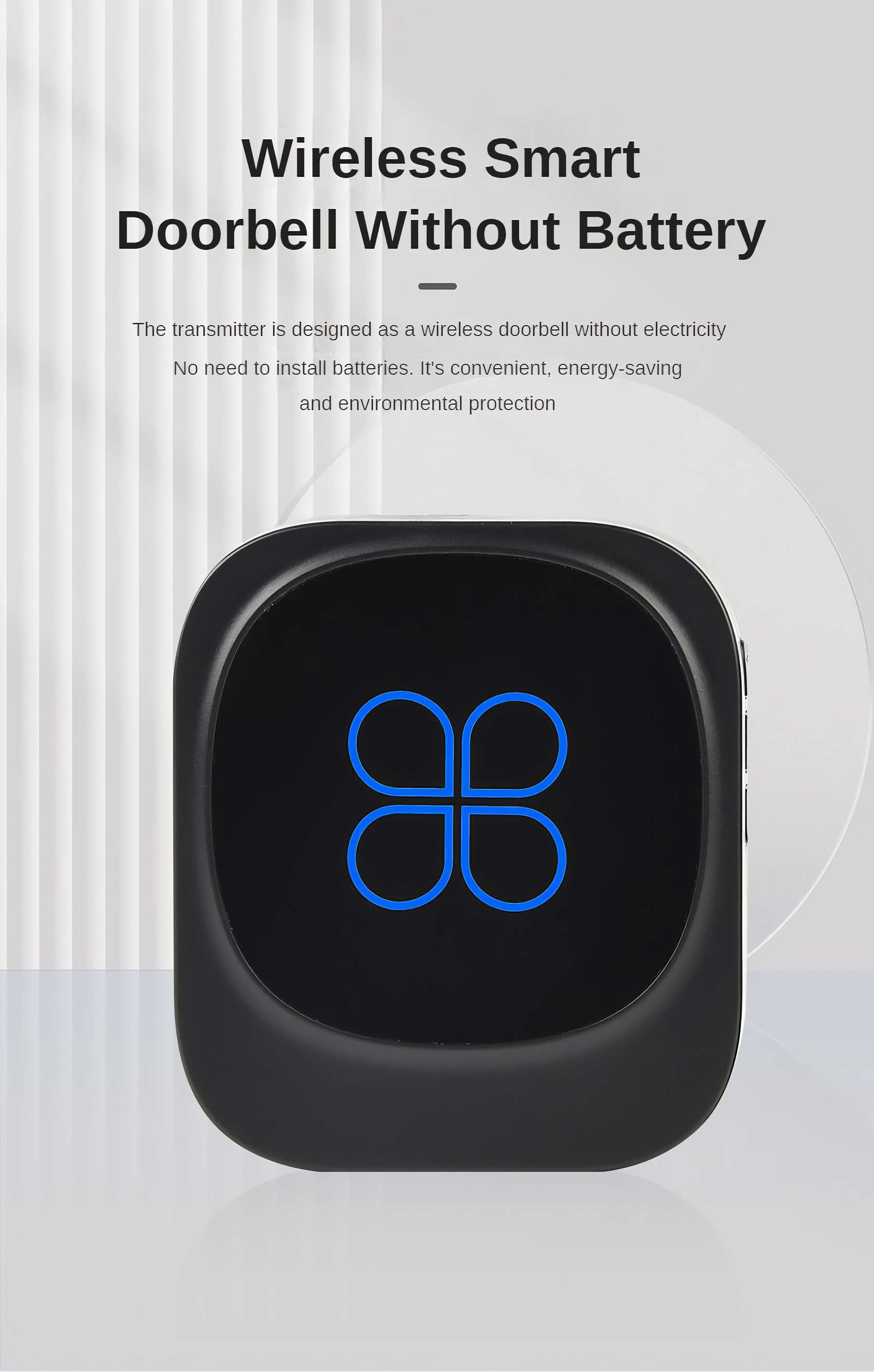 Schwarze Türklingel mit blauem Logo auf weißem Hintergrund. Text: 'Wireless Smart Doorbell Without Battery'.