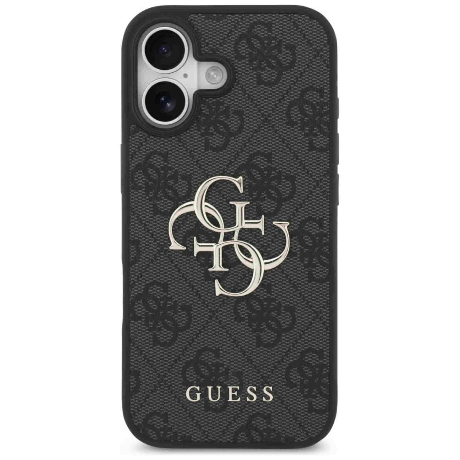 Una custodia per telefono Guess nera con un motivo. Il logo Guess è argentato. Le fotocamere del telefono sono visibili in alto.
