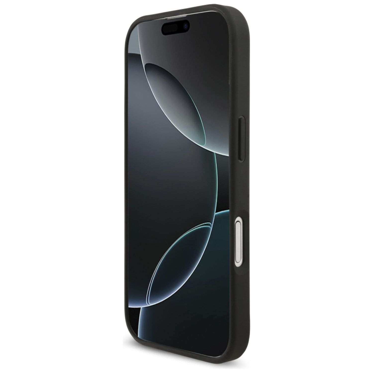 Uno smartphone nero in una custodia nera è mostrato ad angolo, mostrando lo schermo con una sfumatura scura e linee curve.