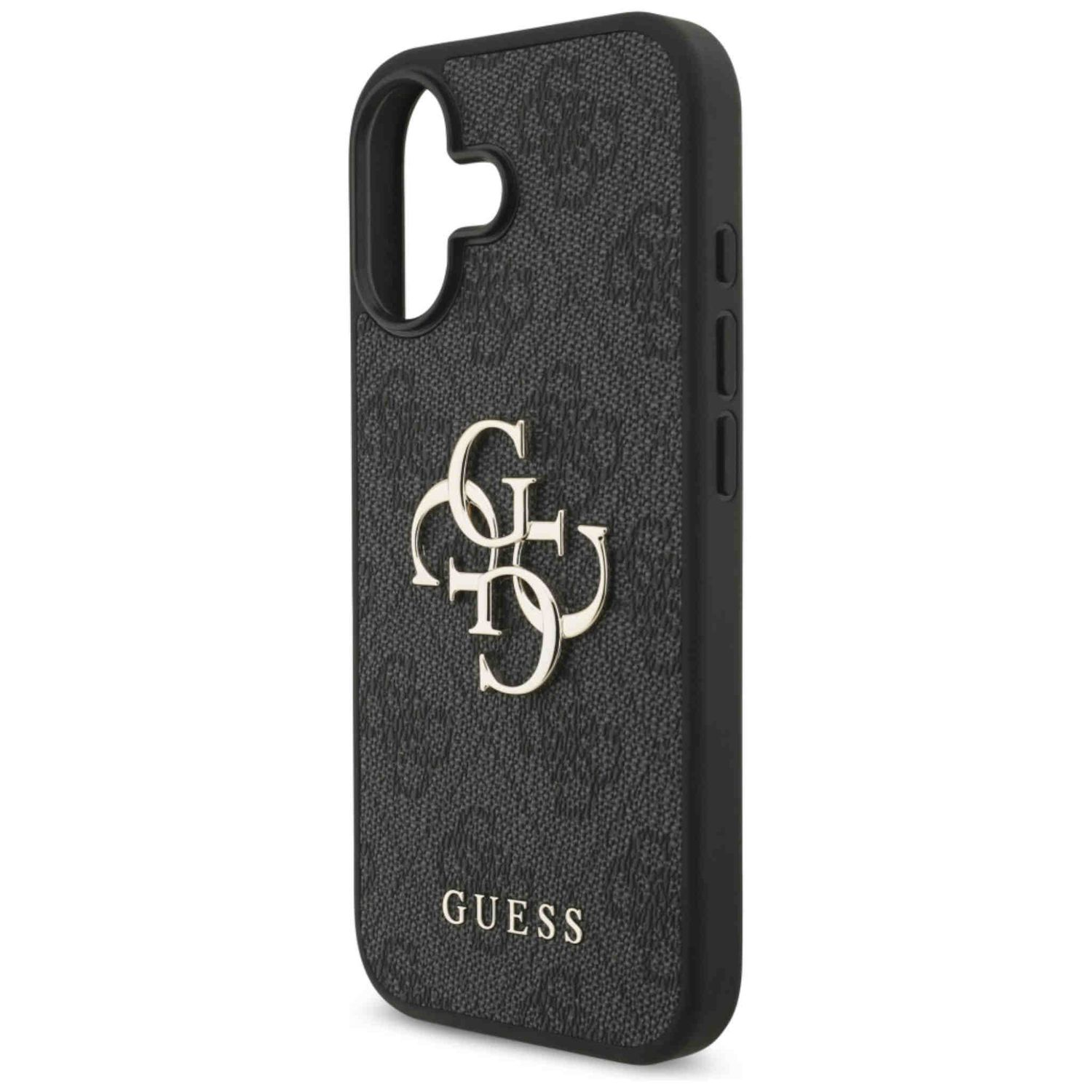 Custodia per telefono nera con logo Guess. La custodia ha un motivo strutturato e il logo Guess è dorato.