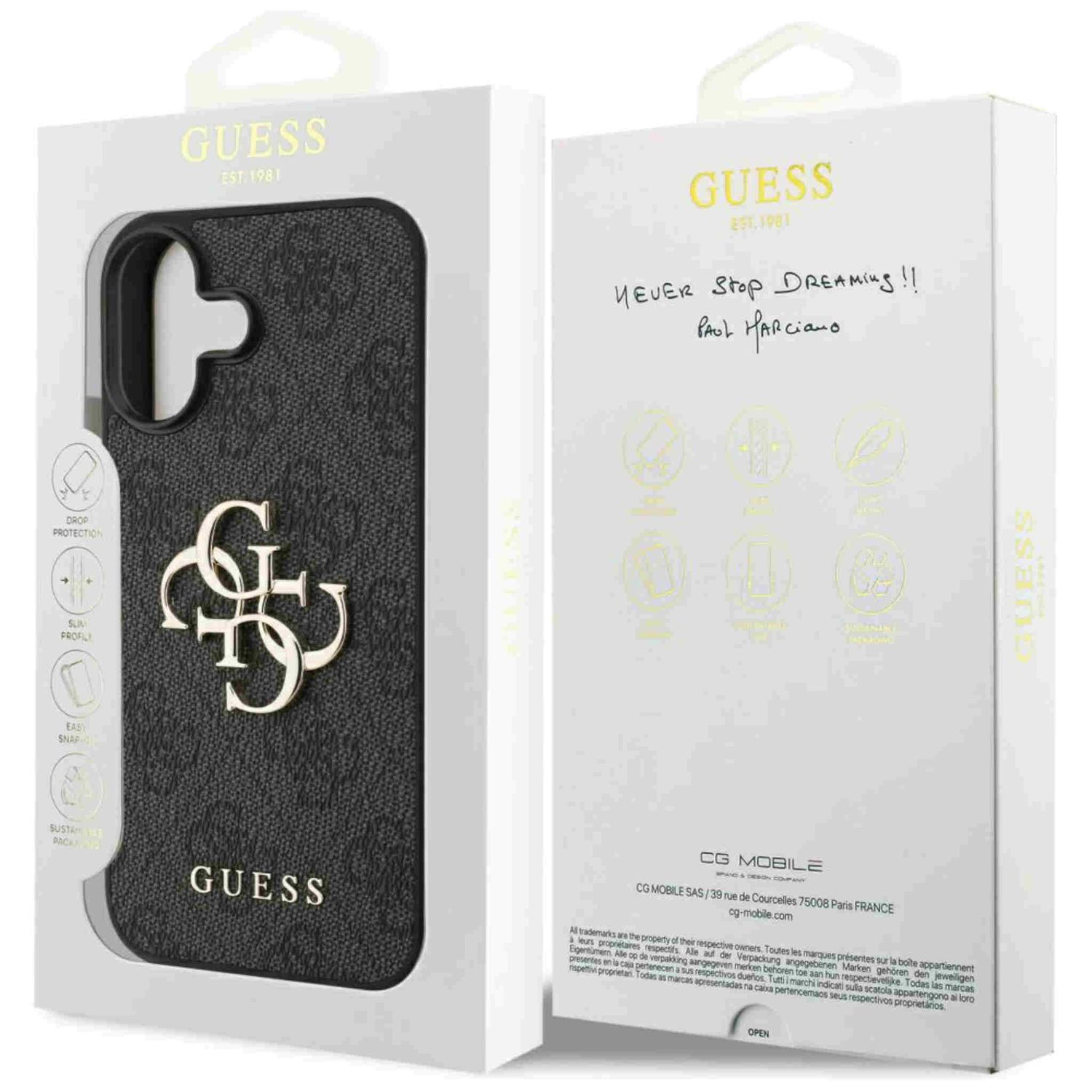 Una custodia per telefono Guess in una scatola. La custodia è nera con il logo Guess. La scatola è bianca con testo e una firma.