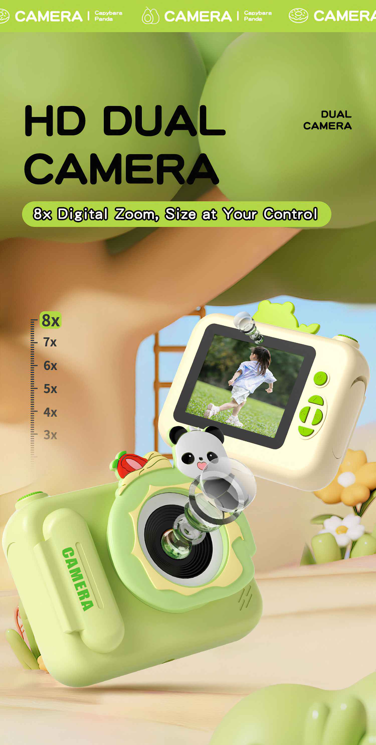 Eine grüne Spielzeugkamera mit Pandagesicht und Bildschirm mit Kind. Text: HD DUAL CAMERA, 8x Digitalzoom.