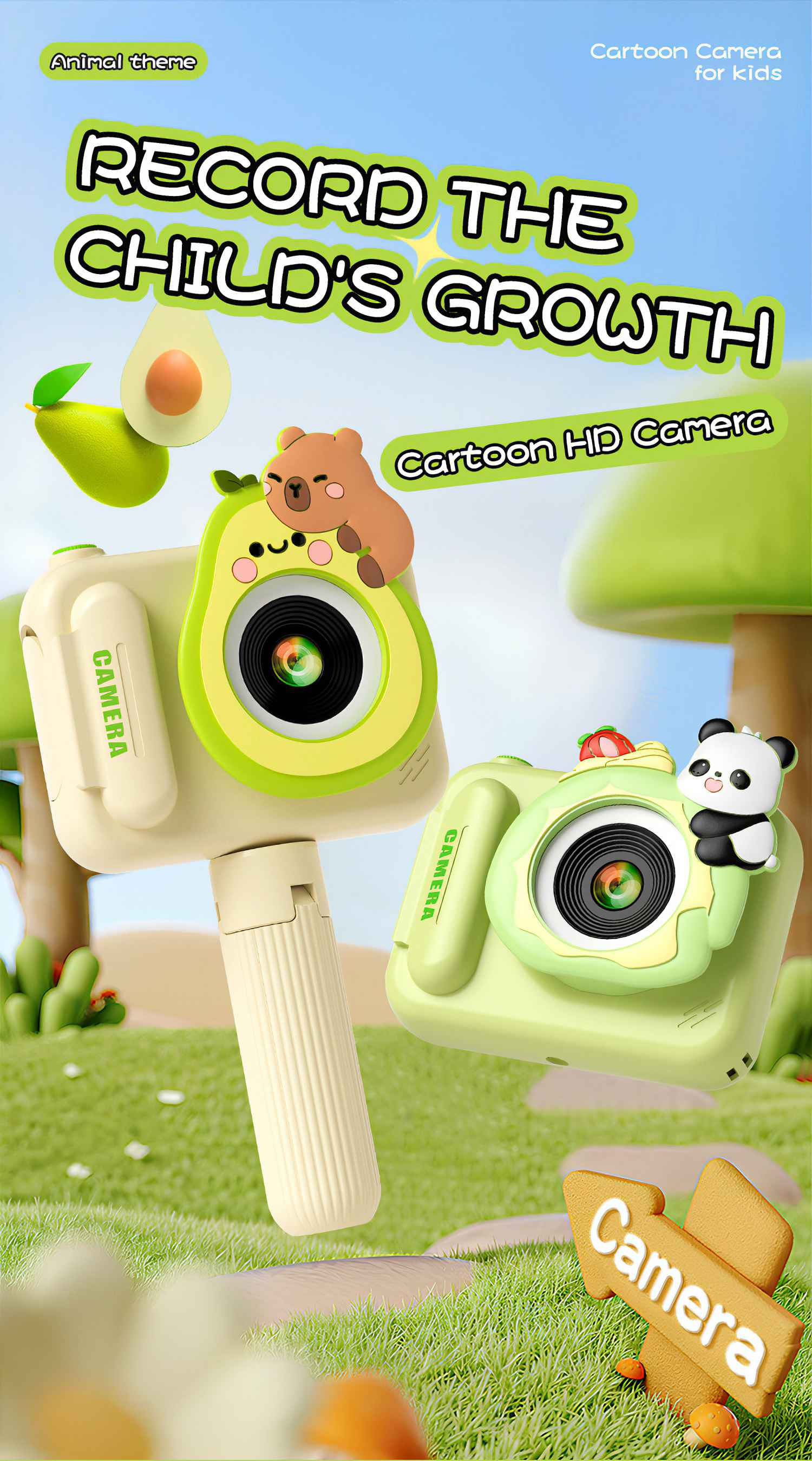 Ein Cartoon-Bild von zwei Spielzeugkameras mit Avocado- und Panda-Designs auf einem grasbewachsenen Hintergrund, mit Text zur Produktwerbung.
