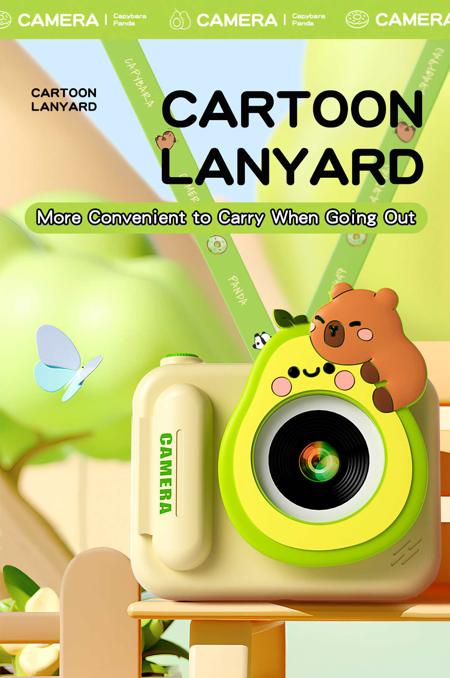 Eine Cartoon-Kamera mit avocadoförmiger Linse und einem Bären. Grüner Hintergrund mit Text: Cartoon-Lanyard. Bequemer zu tragen.