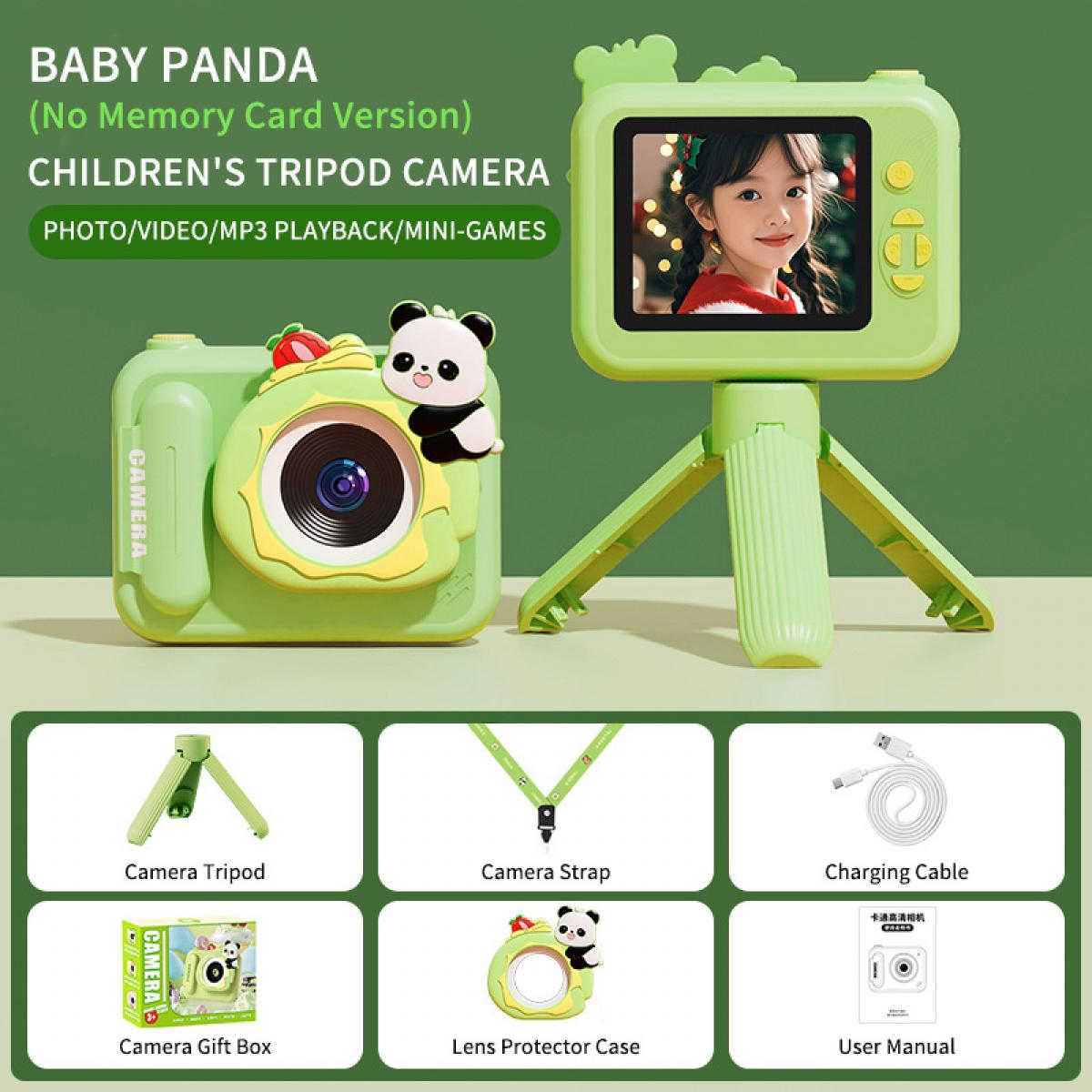Grünes Kinderkamera-Set mit Panda-Design. Enthält Kamera, Stativ, Gurt, Ladekabel, Geschenkbox, Objektivgehäuse und Benutzerhandbuch.