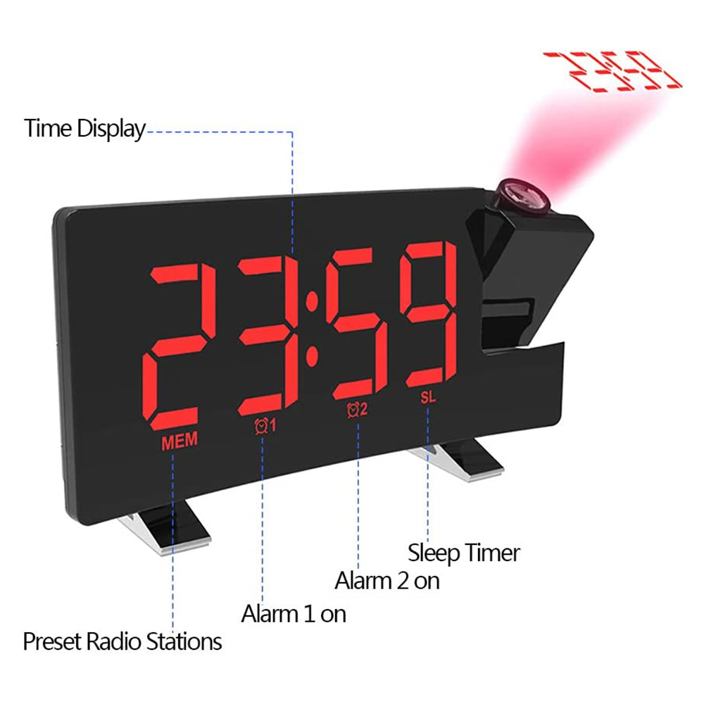 Schwarzer digitaler Wecker mit roter Zeitanzeige 23:59. Zeigt Alarmstatus und Sleep-Timer an. Projektor zeigt Zeit an der Decke.