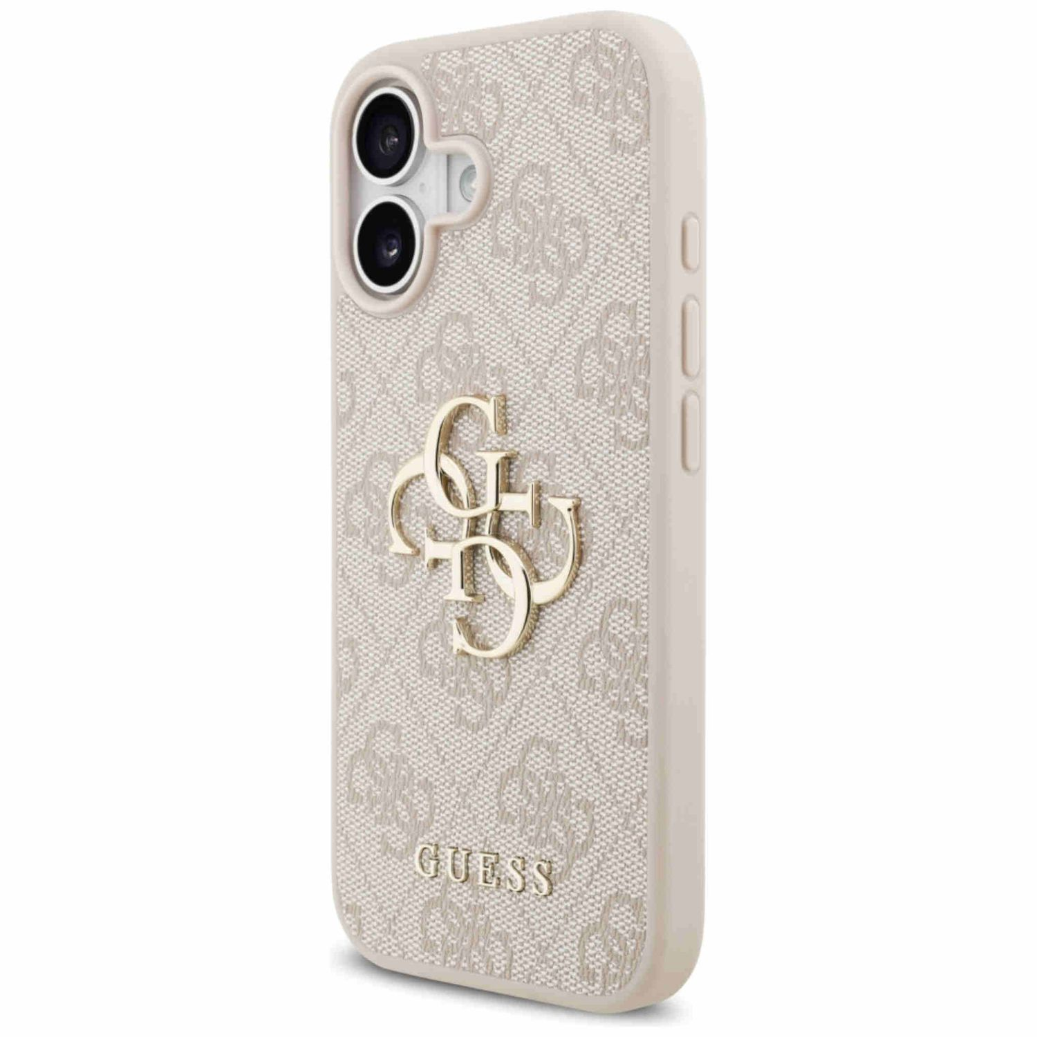 Eine beige Handyhülle mit Guess-Logo. Sie hat ein gemustertes Design und goldfarbene Akzente. Die Kamera des Telefons ist sichtbar.