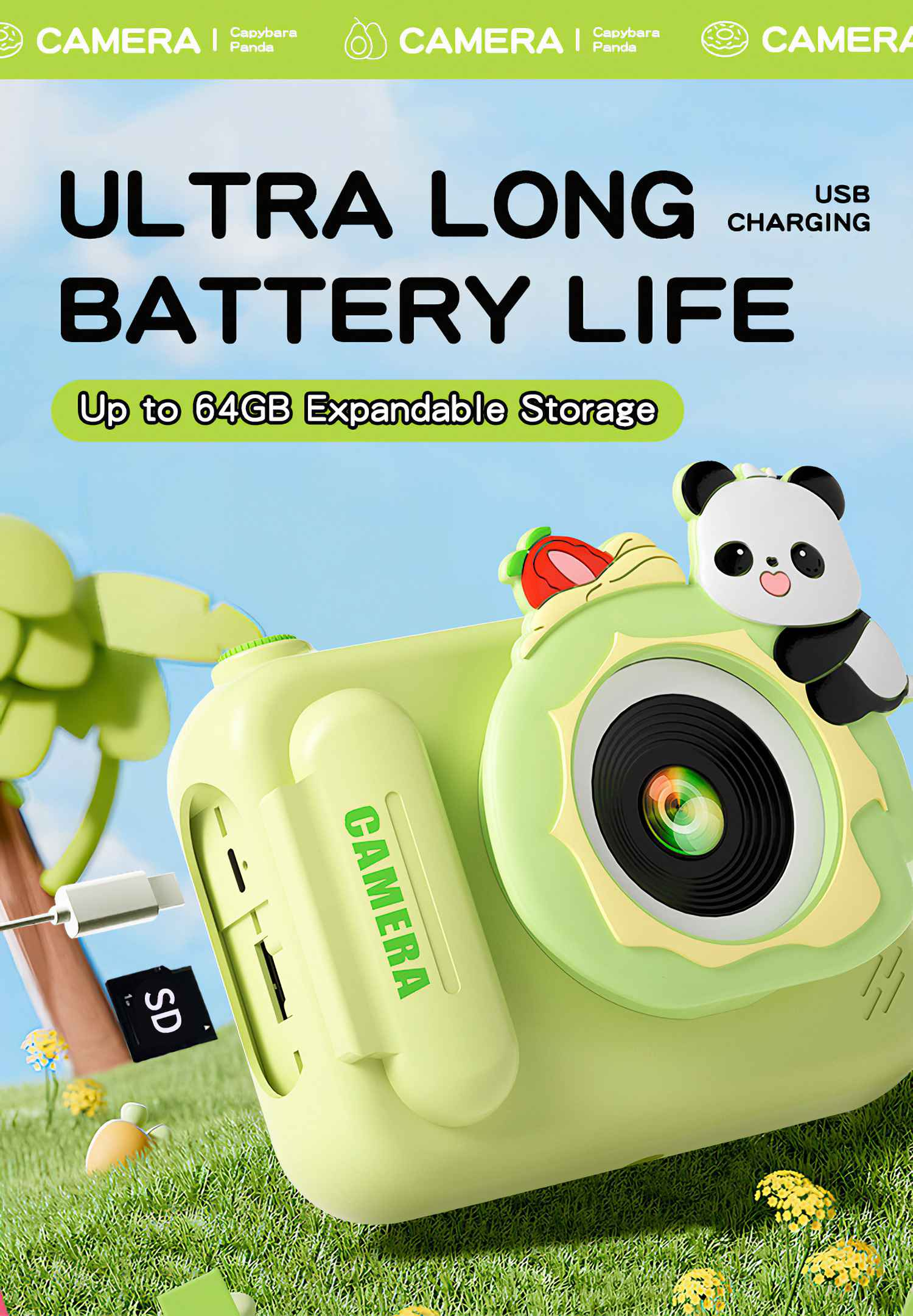 Eine grüne Kamera mit Panda-Design, Text: Lange Akkulaufzeit und erweiterbarer Speicher bis zu 64 GB, auf einem grasbewachsenen Hintergrund.