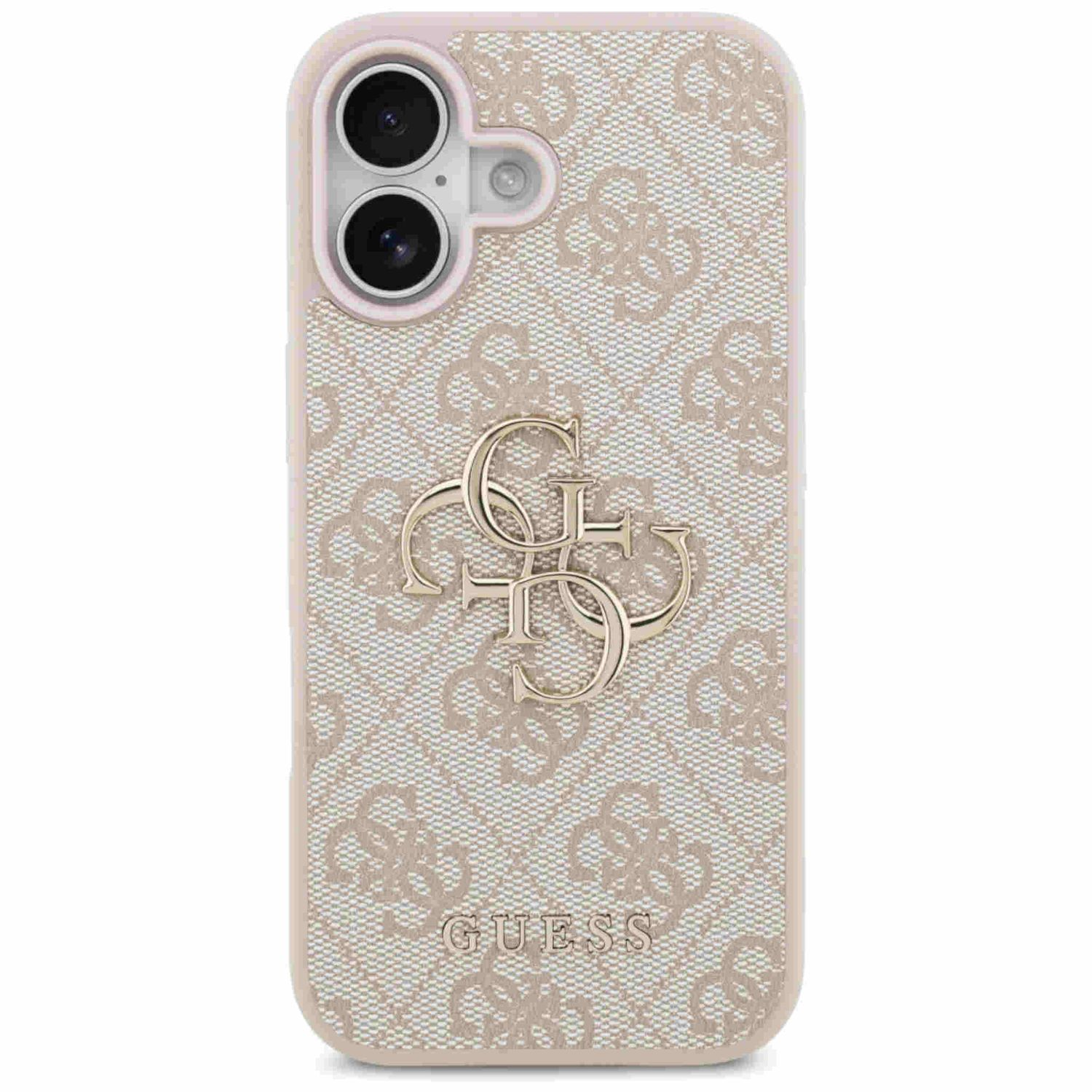 Eine beige Guess-Handyhülle mit sich wiederholendem Muster. Sie hat ein goldenes Guess-Logo und Kameralinsen oben.