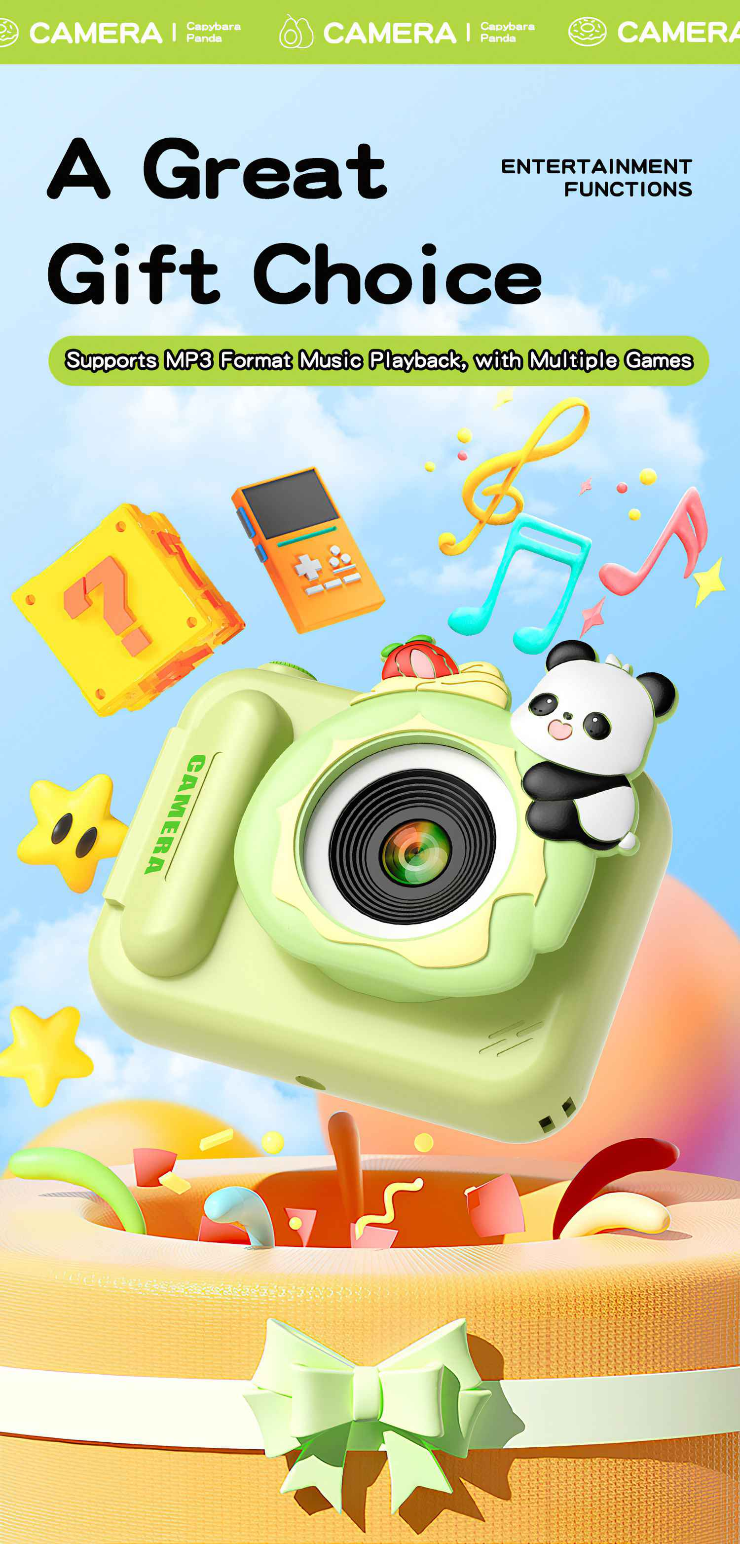 Eine grüne Spielzeugkamera mit Panda, Noten und Spielzeug auf einer Geschenkbox mit Schleife.