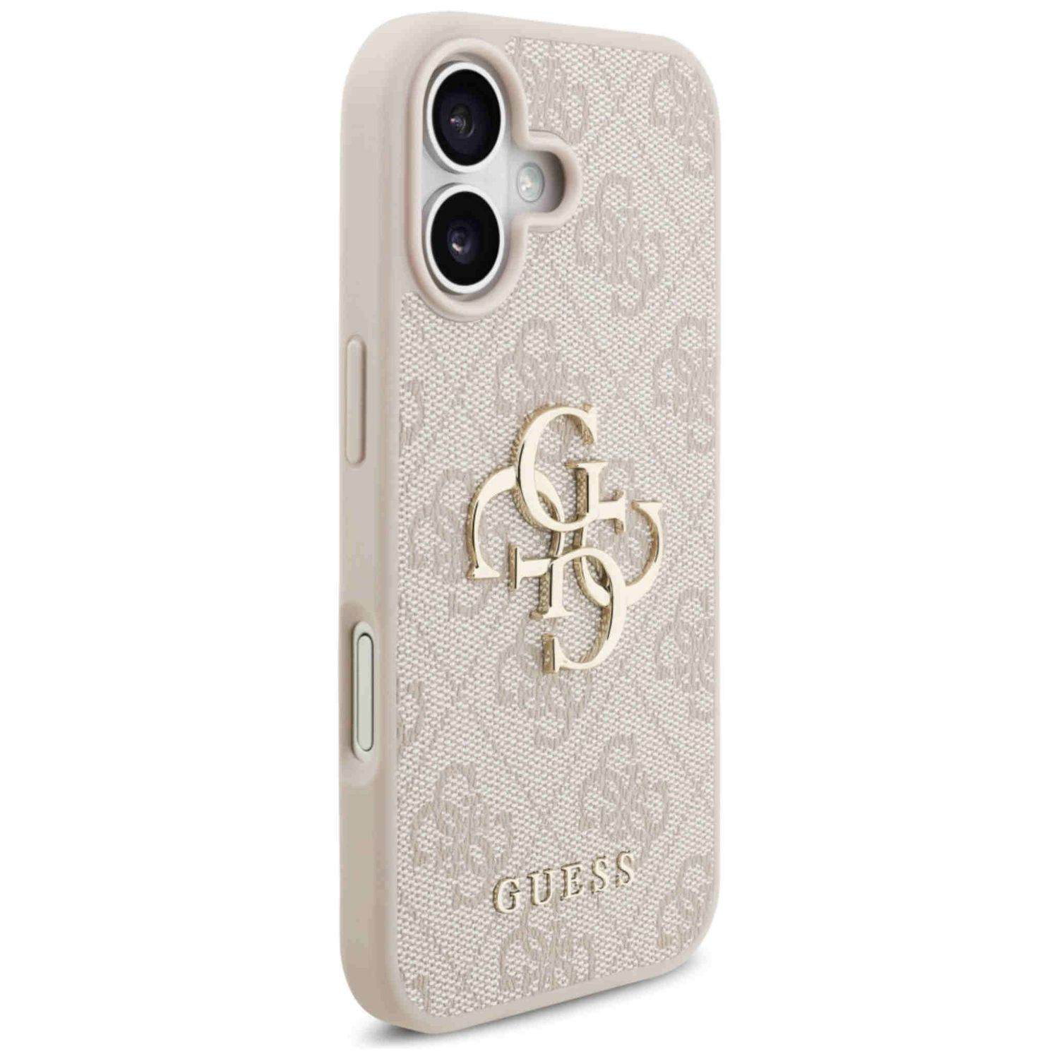 Eine beige Handyhülle mit Guess-Logo und Muster. Die Hülle hat Kameraausschnitte und Knöpfe. Der Hintergrund ist weiß.