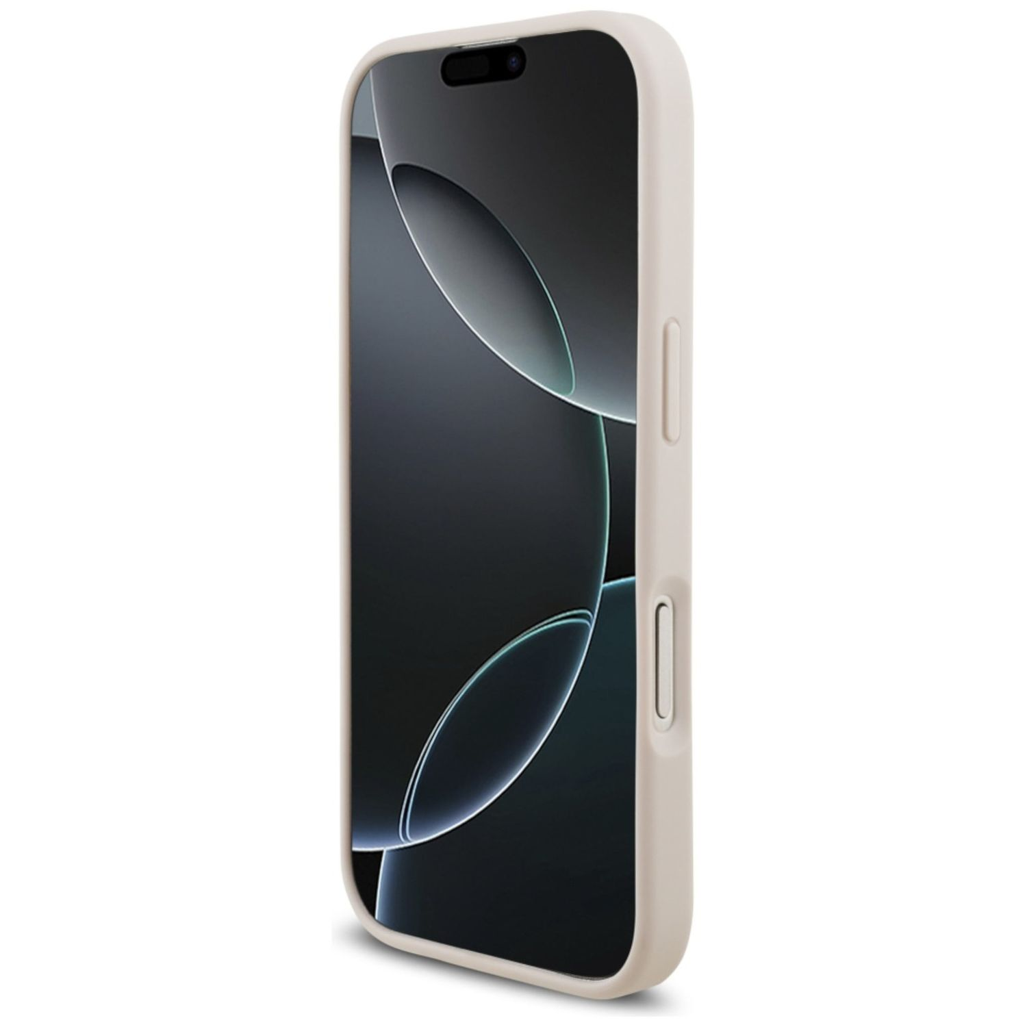 Ein Smartphone in einer cremefarbenen Hülle. Der Bildschirm zeigt einen dunklen Hintergrund mit hellen, geschwungenen Formen.