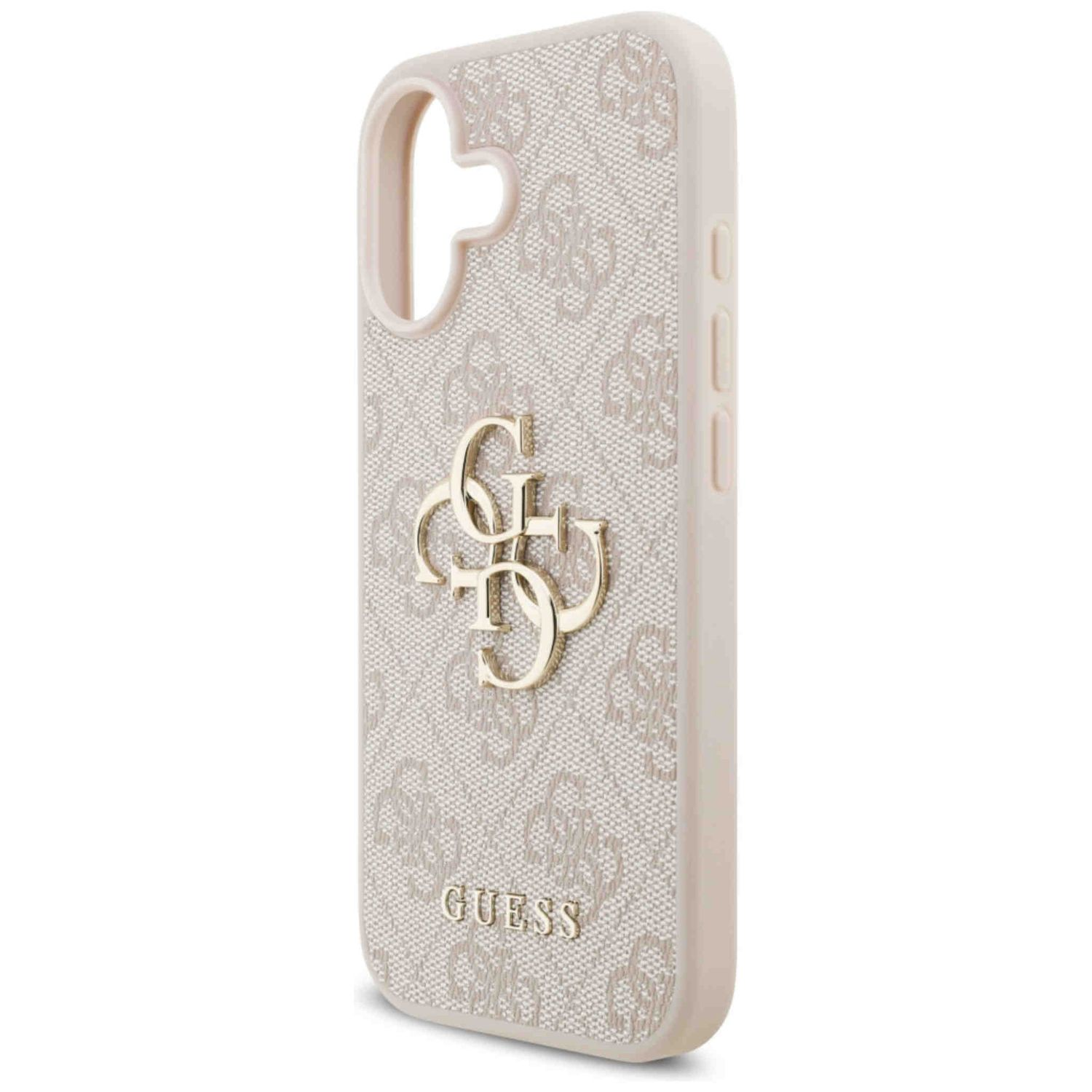 Eine beige Guess-Handyhülle mit goldenem Guess-Logo. Die Hülle hat ein strukturiertes Muster und eine abgerundete Form.