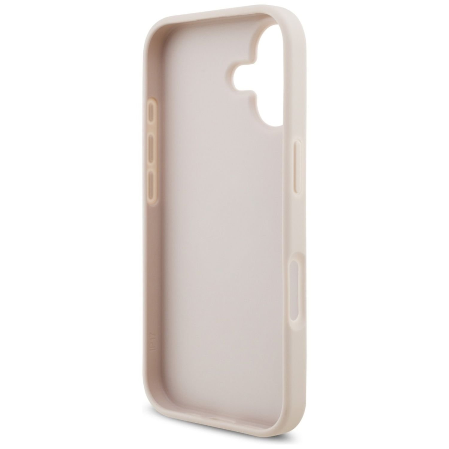 Eine hellbeige Handyhülle. Sie hat Aussparungen für die Kamera und die Tasten. Die Hülle besteht aus einem glatten, matten Material.