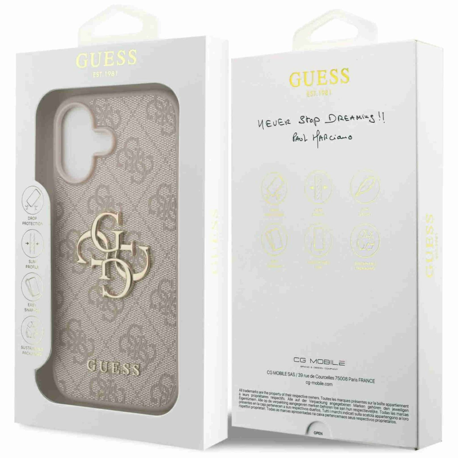 Eine Guess-Handyhülle in ihrer Box. Die Hülle hat das Guess-Logo. Die Box ist weiß mit Text und einer handschriftlichen Notiz.