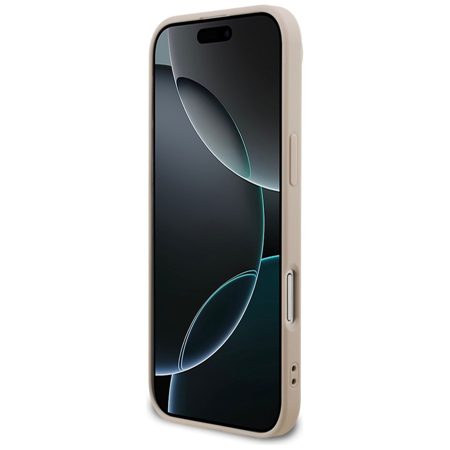 Uno smartphone in una custodia beige. Lo schermo mostra forme astratte. Il telefono è angolato su sfondo bianco.