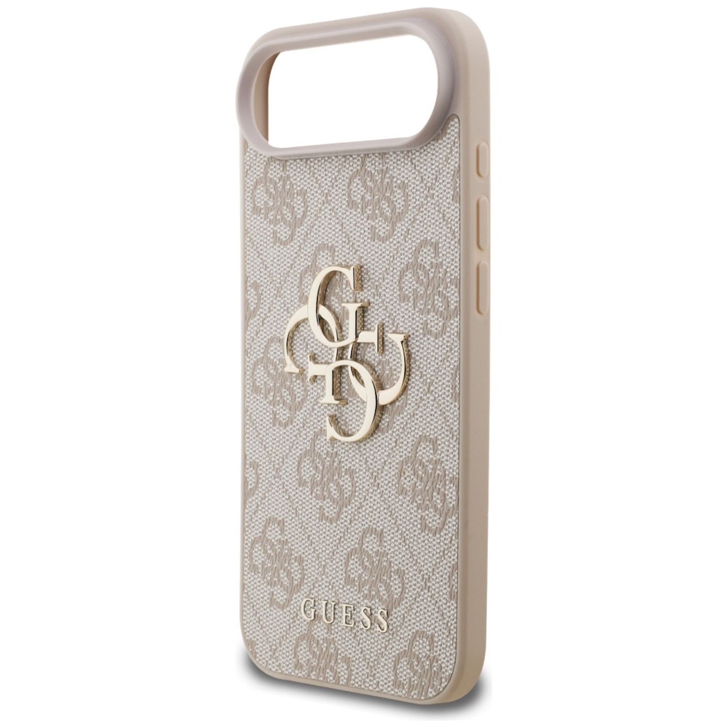 Una custodia per telefono Guess beige con logo. La custodia ha un design a fantasia e un logo Guess color oro.