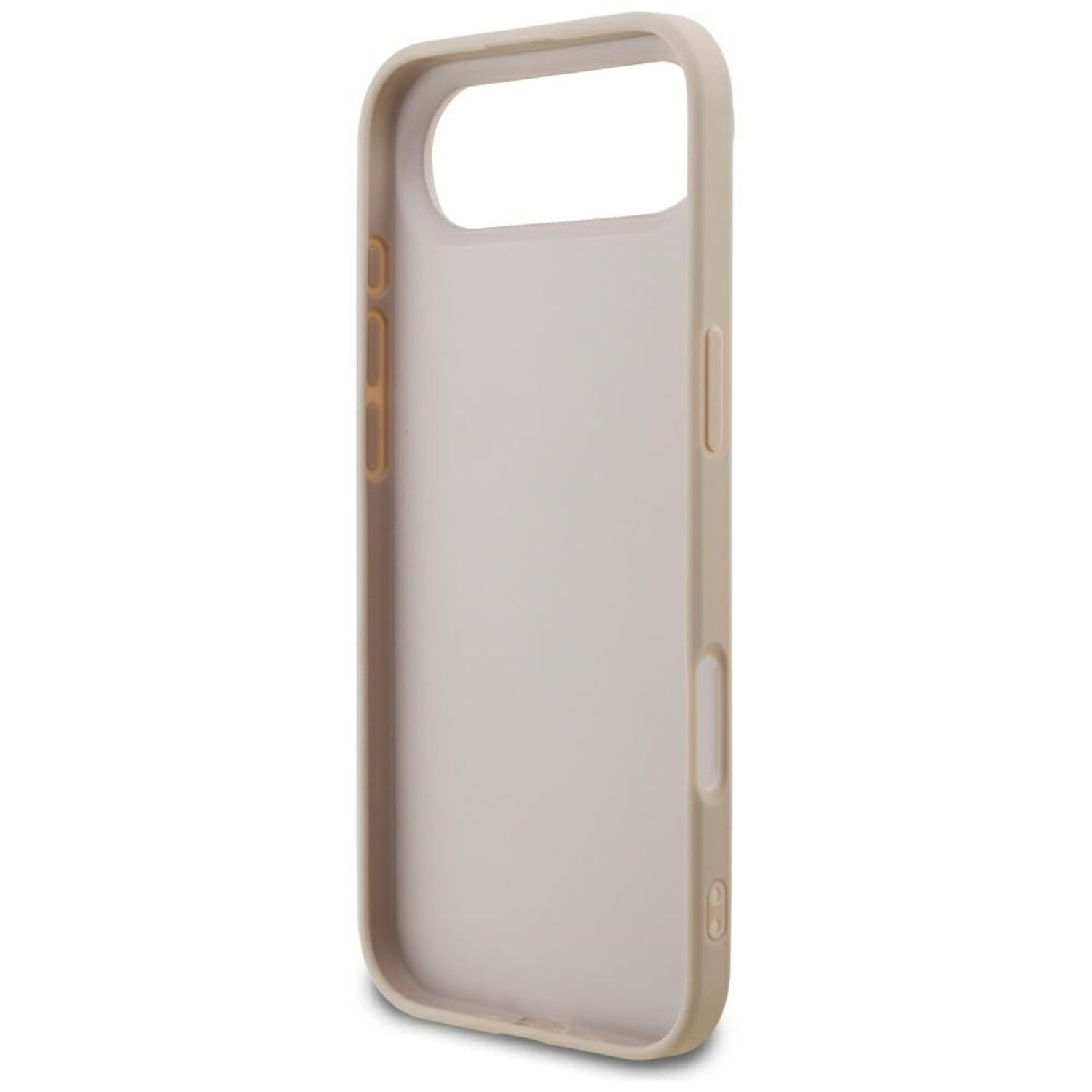 Viene mostrata una custodia per telefono beige. Ha ritagli per fotocamera e pulsanti. La custodia è realizzata in plastica colorata.