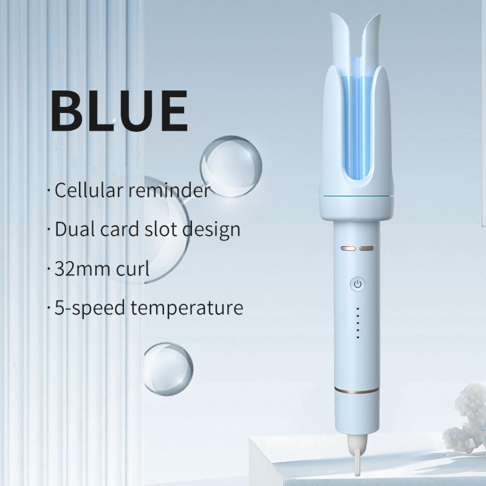 Ein blauer Lockenstab mit hellblauem Innenraum, Produktdetails und blauem Hintergrund.