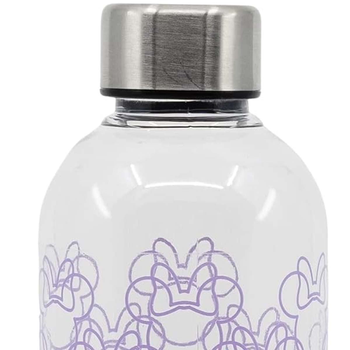 Bottiglia d'acqua trasparente con tappo argentato. Il motivo del fiocco di Minnie Mouse viola decora il fondo.