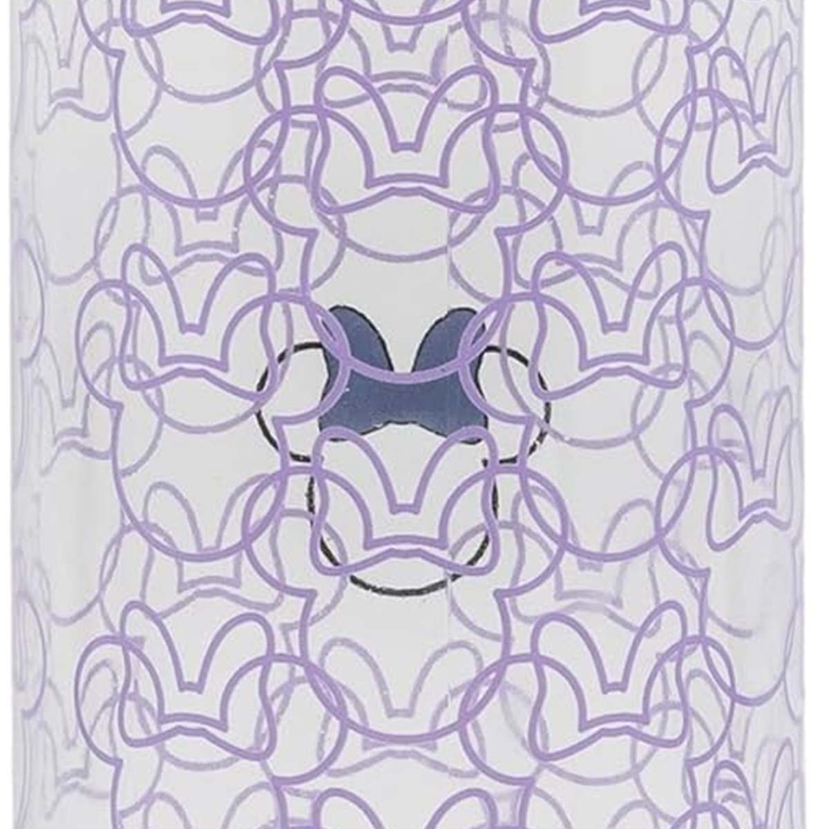 Sfondo bianco con contorni viola ripetuti del fiocco di Minnie Mouse. Il centro mostra un contorno di fiocco blu con un contorno nero.