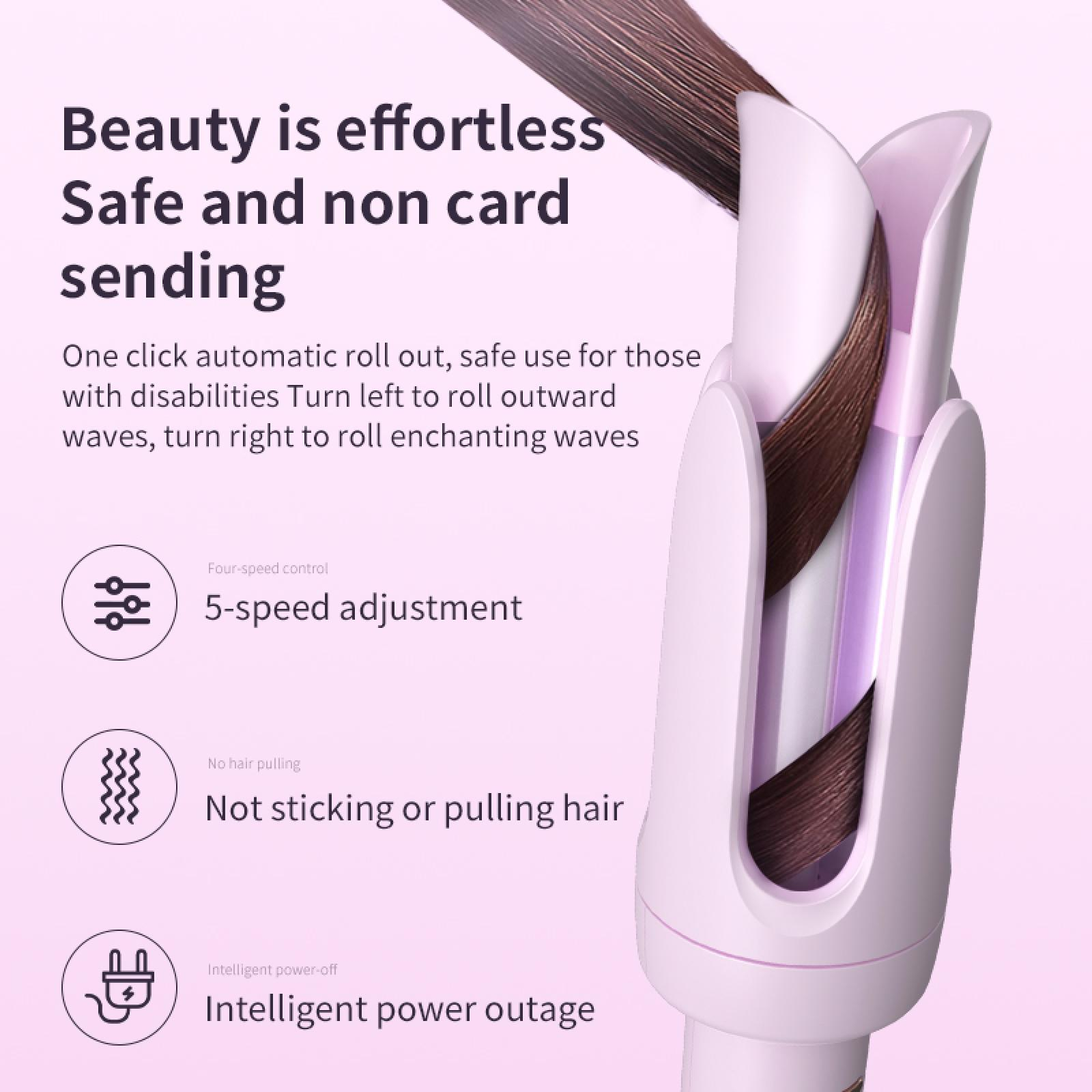 Ein Lockenstab mit Haaren im Inneren, Text, der die Eigenschaften des Produkts beschreibt, und Symbole. Der Hintergrund ist hellrosa.