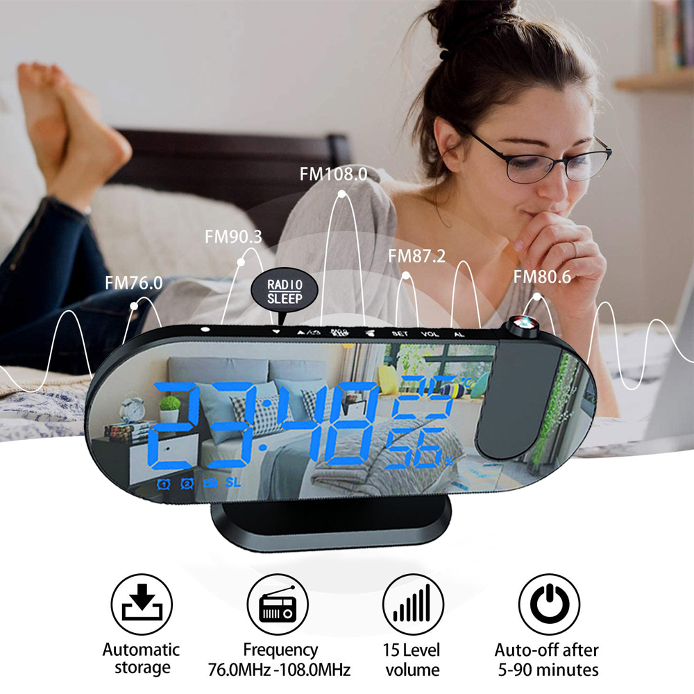 Eine Frau mit Brille betrachtet eine Digitaluhr. Im Hintergrund sind Beine zu sehen. Die Uhr zeigt die Zeit und Radioinfos an.