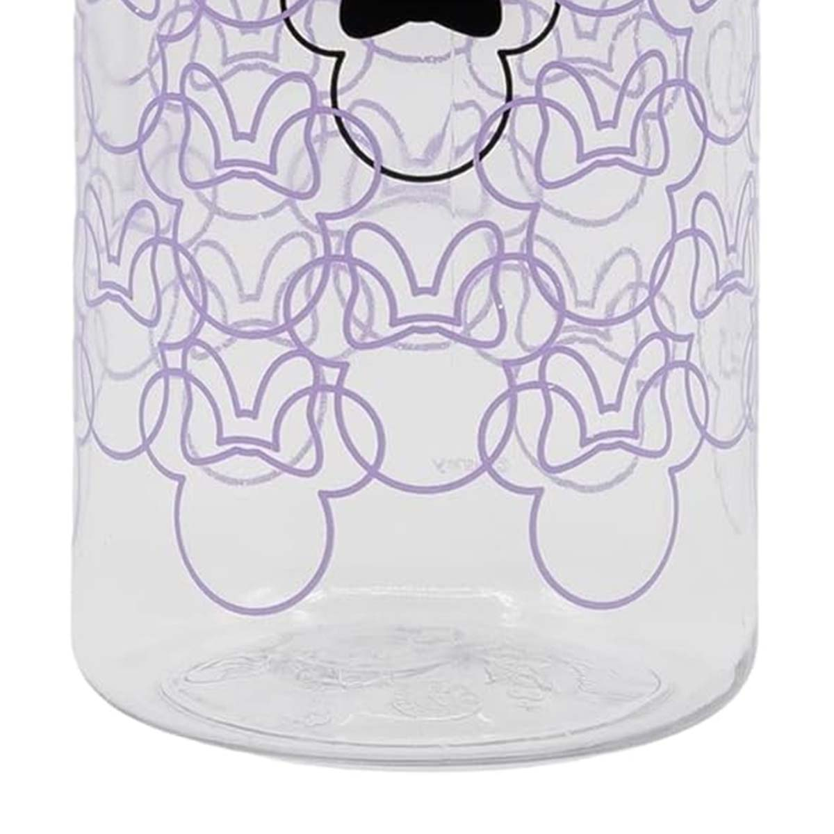 Bottiglia di plastica trasparente con contorni della testa di Minnie Mouse viola. La parte superiore ha un contorno di fiocco nero.