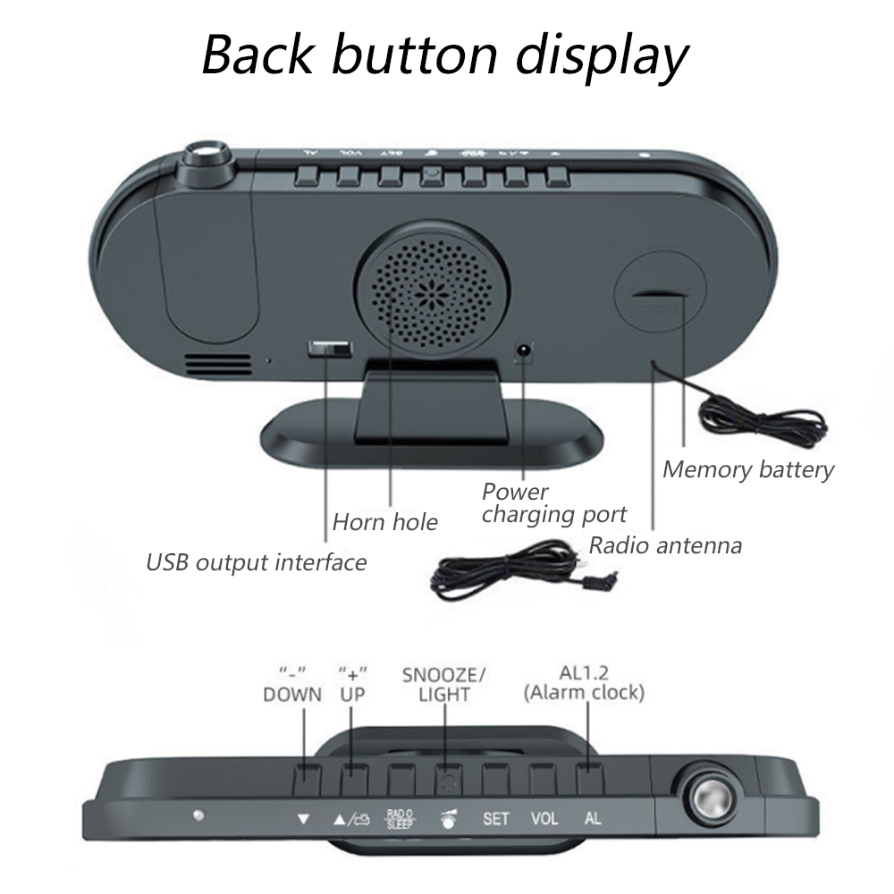 Das Bild zeigt die Rückseite eines Weckers mit beschrifteten Knöpfen und Anschlüssen, darunter USB, Strom, Radioantenne und Alarmeinstellungen.