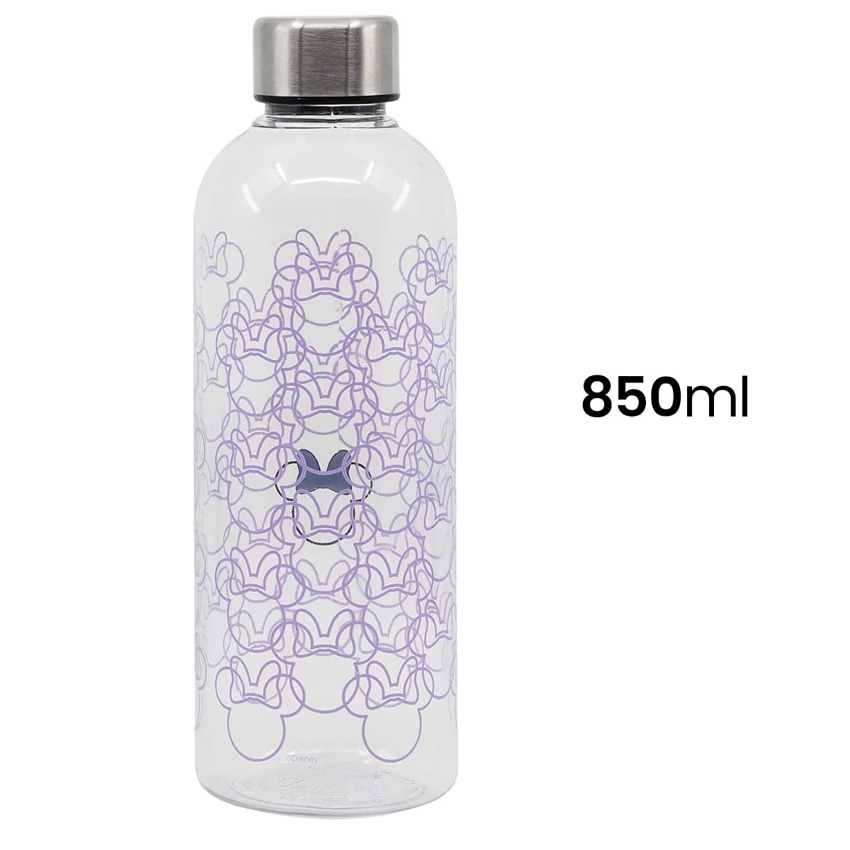Bottiglia d'acqua trasparente con tappo argentato. Decorata con motivi viola di Minnie Mouse e un volto di Minnie. Testo 850 ml sul lato.