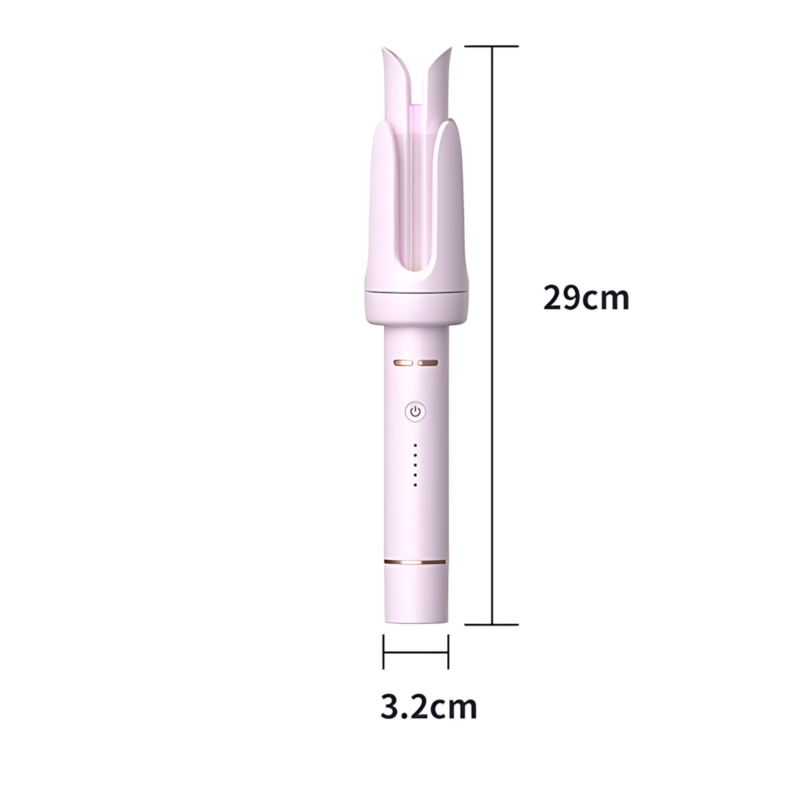 Ein rosa Lockenstab wird abgebildet, mit den Maßen 29 cm Länge und 3,2 cm Breite. Er hat Strom- und Einstellungssymbole.