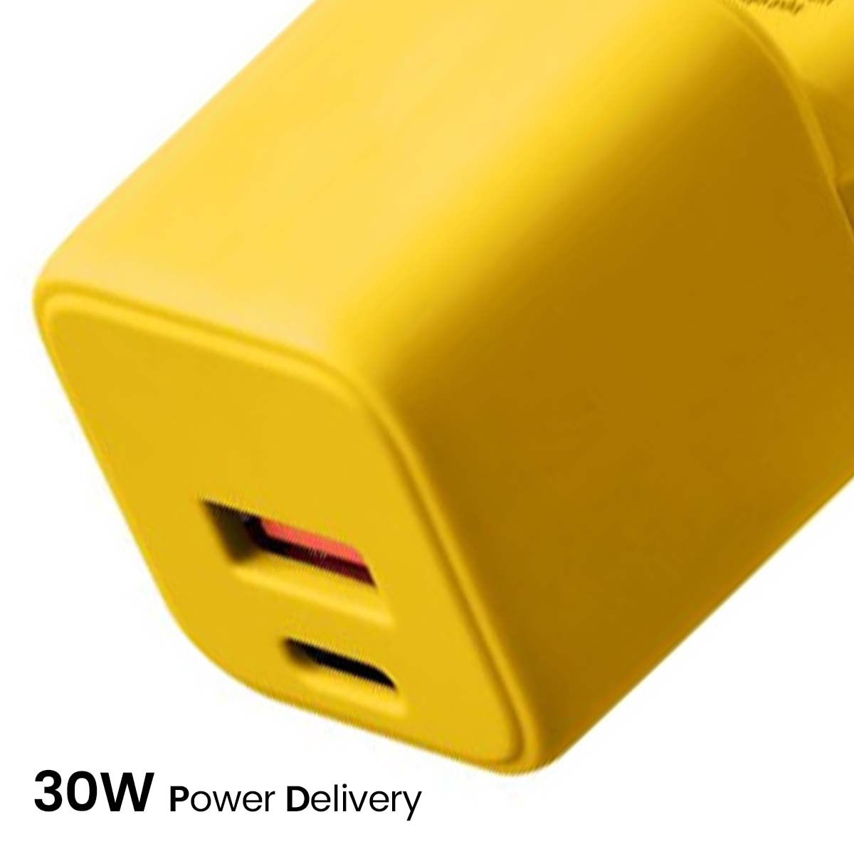 Un chargeur jaune de 30W Power Delivery avec deux ports USB. Texte : '30W Power Delivery'.