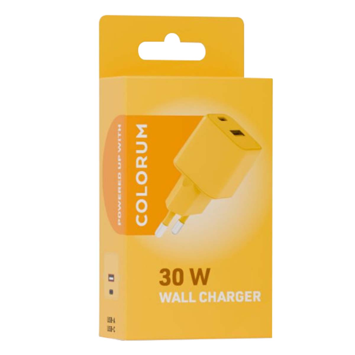 Un chargeur mural Colorum 30W jaune dans son emballage. L'emballage est également jaune avec du texte et une image du chargeur.