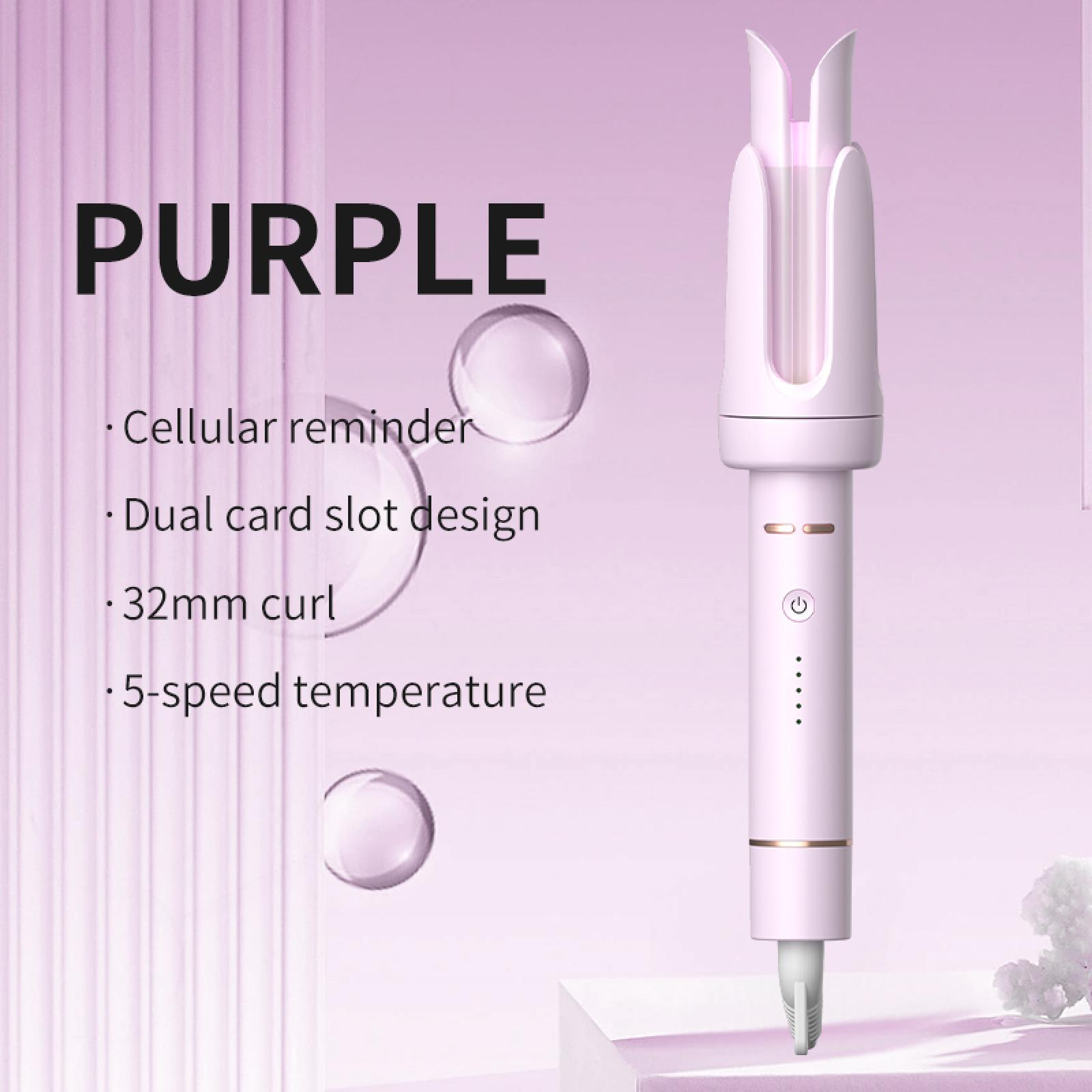 Ein weißes und pinkfarbenes Lockenwickler. Auf der linken Seite steht 'PURPLE'. Merkmale sind 32 mm Locken und 5 Geschwindigkeiten.