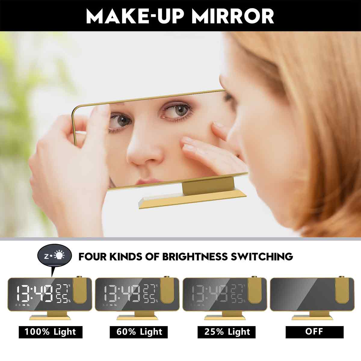 Eine Frau blickt in einen Schminkspiegel. Der Spiegel hat eine Digitaluhr und Helligkeitseinstellungen. Text: 'Make-up Mirror'.
