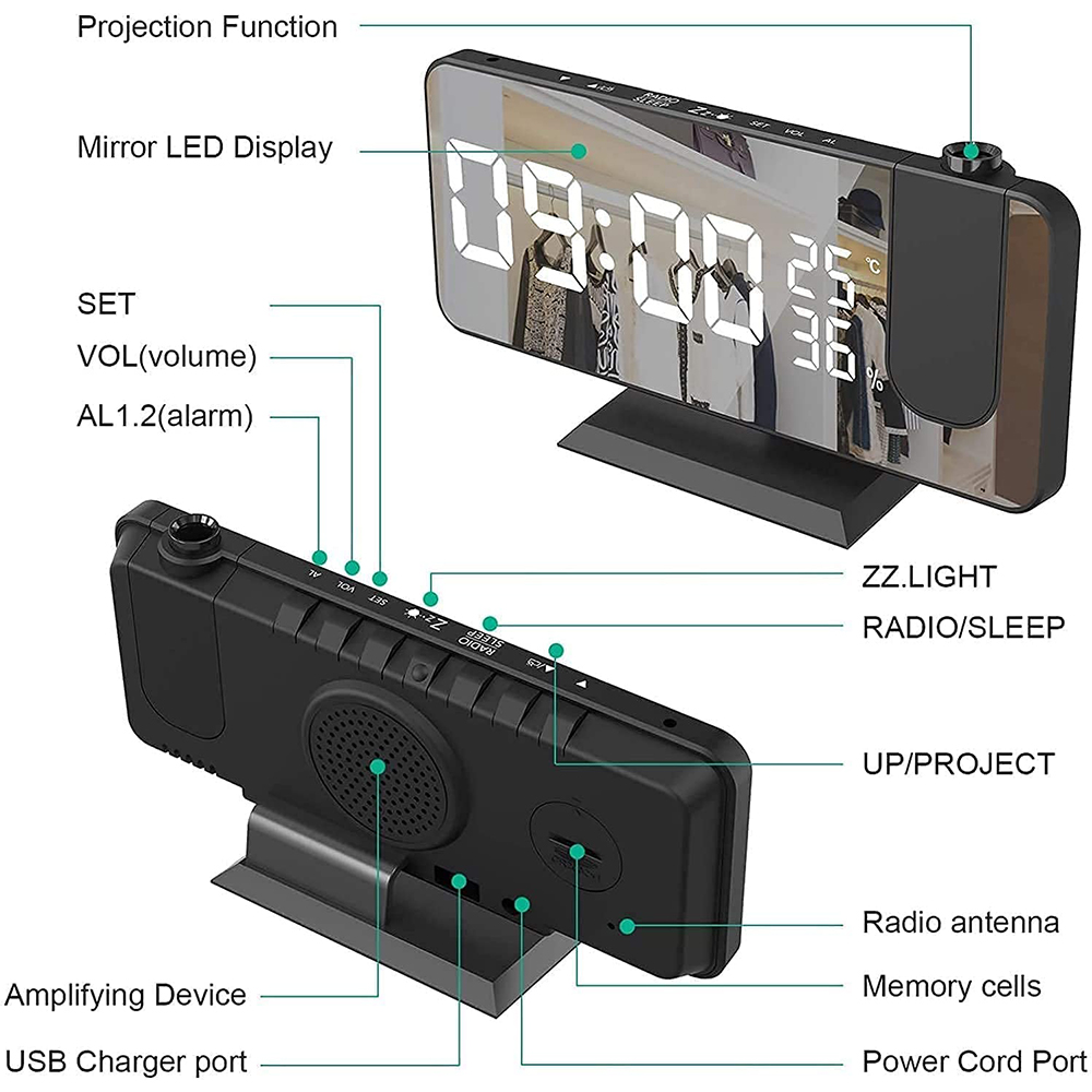 Schwarzer digitaler Wecker mit LED-Spiegelanzeige, die Zeit und Temperatur anzeigt. Er hat verschiedene Funktionstasten und Anschlüsse.
