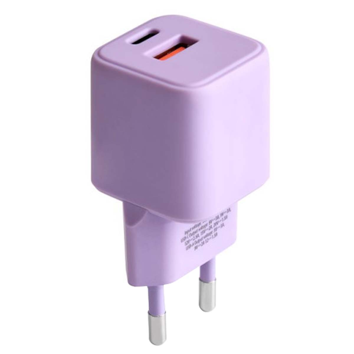Un caricatore USB lavanda con due spine. Ha un corpo rettangolare con una porta USB e del testo laterale.