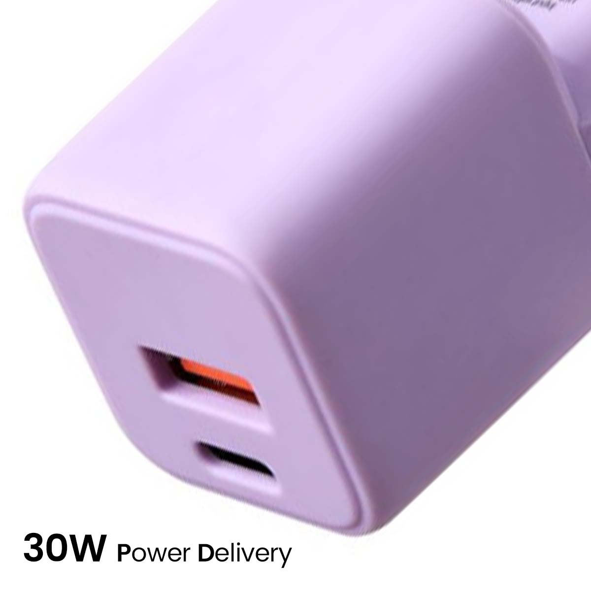 Un caricatore da 30 W viola chiaro con due porte. Il testo '30W Power Delivery' è in basso.