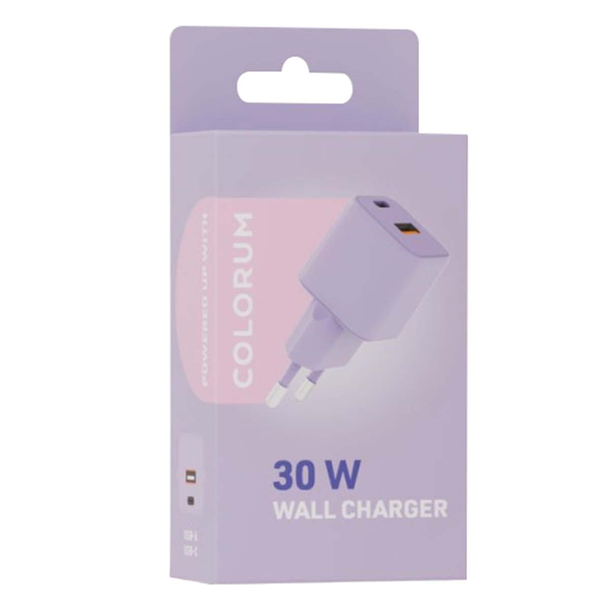 Un caricatore da muro viola da 30W nella sua scatola. La scatola ha il nome del marchio Colorum ed è per lo più viola con un po' di rosa.