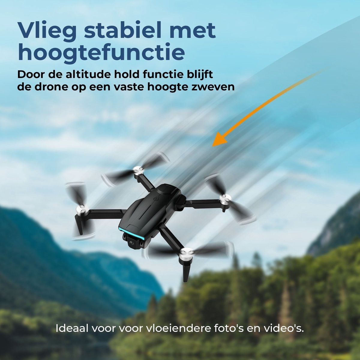 Czarny dron z obracającymi się śmigłami na tle błękitnego nieba. W tle góry. Pomarańczowa strzałka wskazuje w dół.