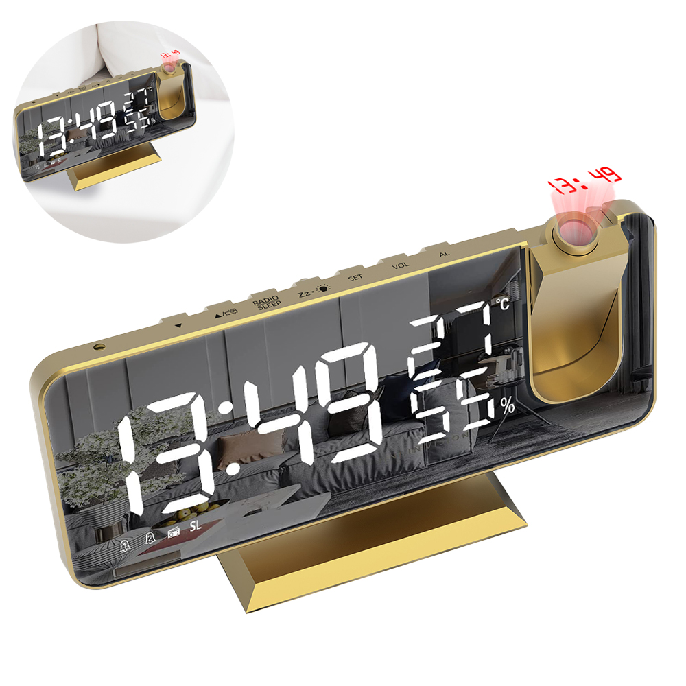 Ein goldener digitaler Wecker, der Zeit, Temperatur und Luftfeuchtigkeit anzeigt. Die Zeit wird auch an die Decke projiziert.