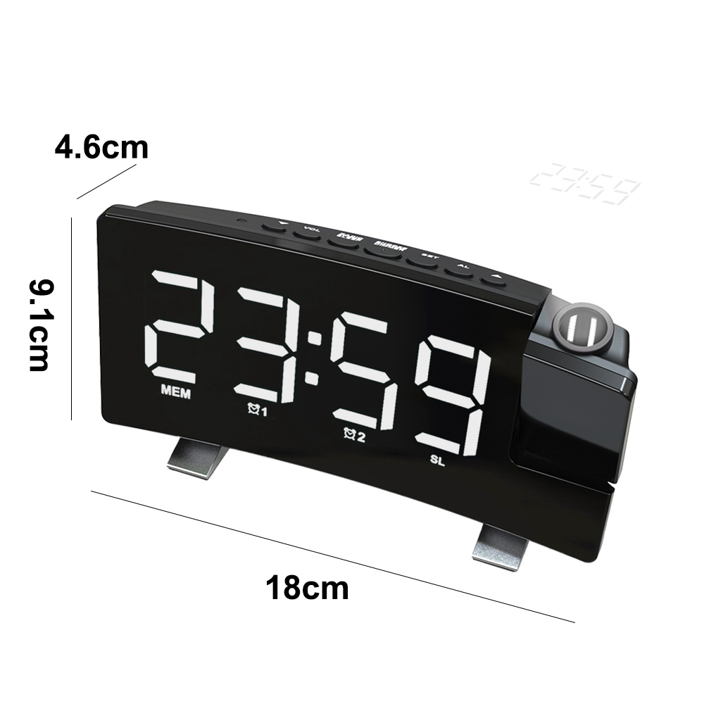 Ein schwarzer digitaler Wecker zeigt 23:59 an. Er hat weiße Ziffern und mehrere Tasten. Abmessungen: 18 cm, 9,1 cm und 4,6 cm.
