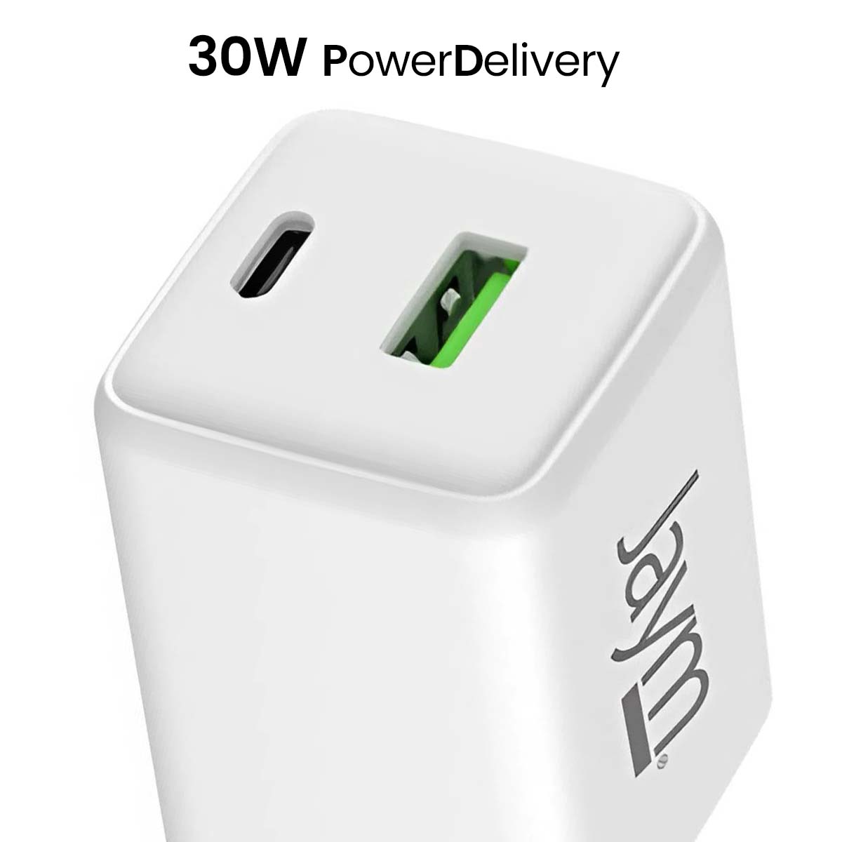 Un adattatore di alimentazione Jaym bianco con due porte. Uno è USB-C e l'altro USB-A. L'adattatore ha il testo "30W PowerDelivery".
